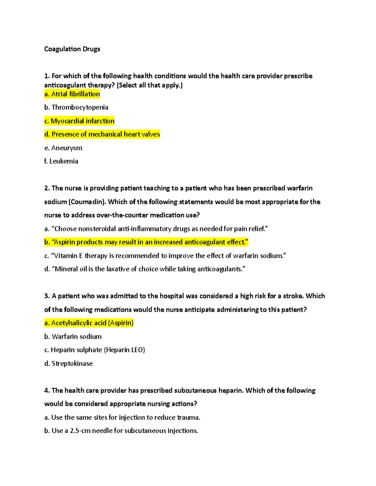 Coagulation Drugs - Study guide questions - Coagulation Drugs For which ...