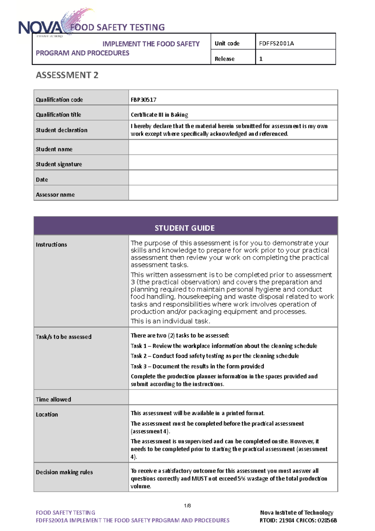 Fdffs 2001 A Assessment 2 Food Safety Testing assessment Student Guide ...