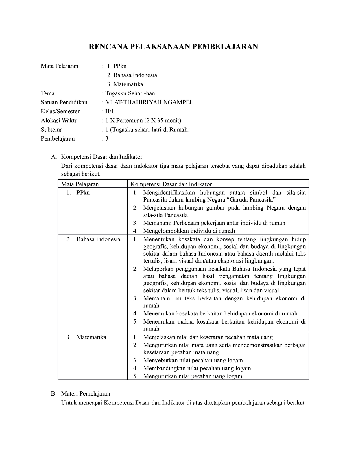 Rencana Pelaksanaan Pembelajaran Kelas 2 Tema 3 Simulasi Rencana Pelaksanaan Pembelajaran Mata 4878