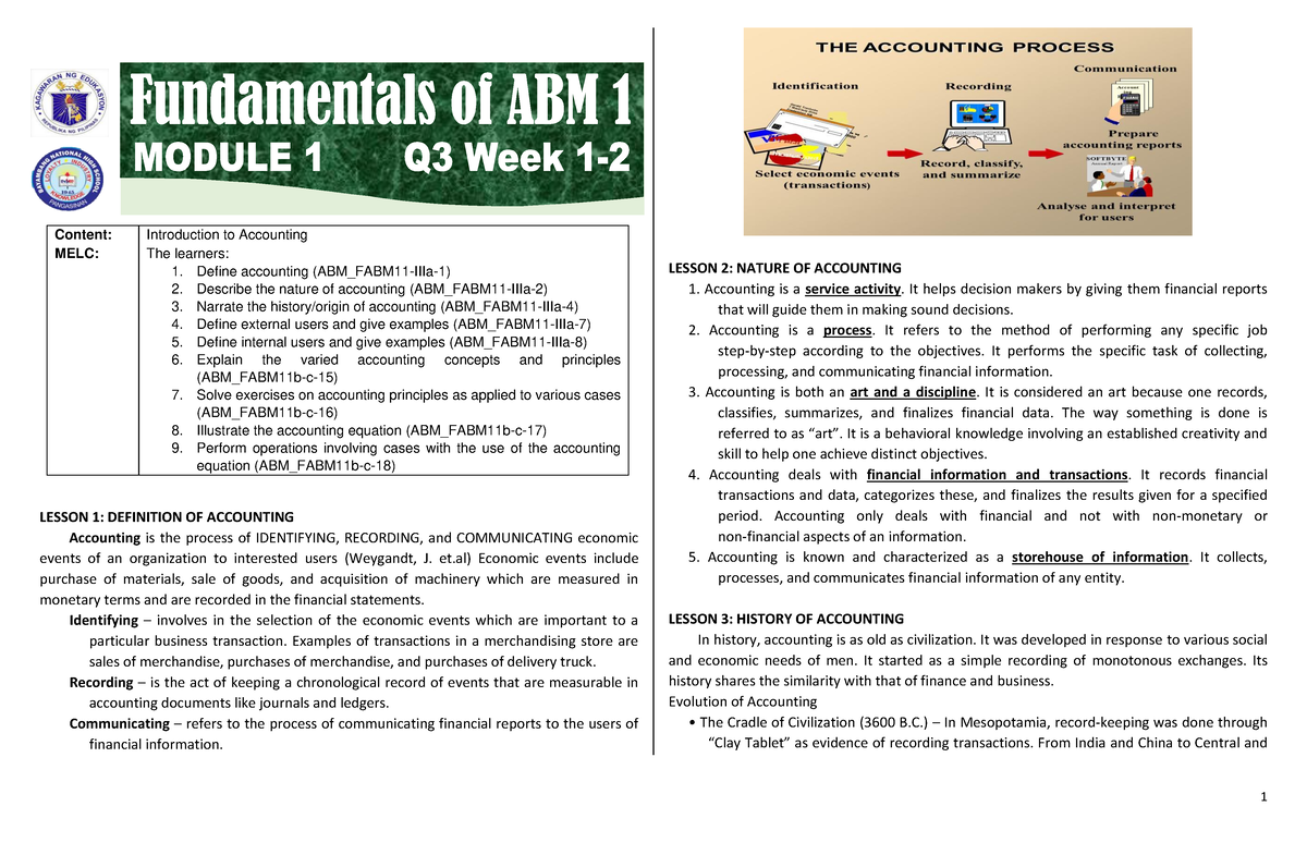 FABM1 Module 1 Intro To AEquation - LESSON 1: DEFINITION OF ACCOUNTING ...