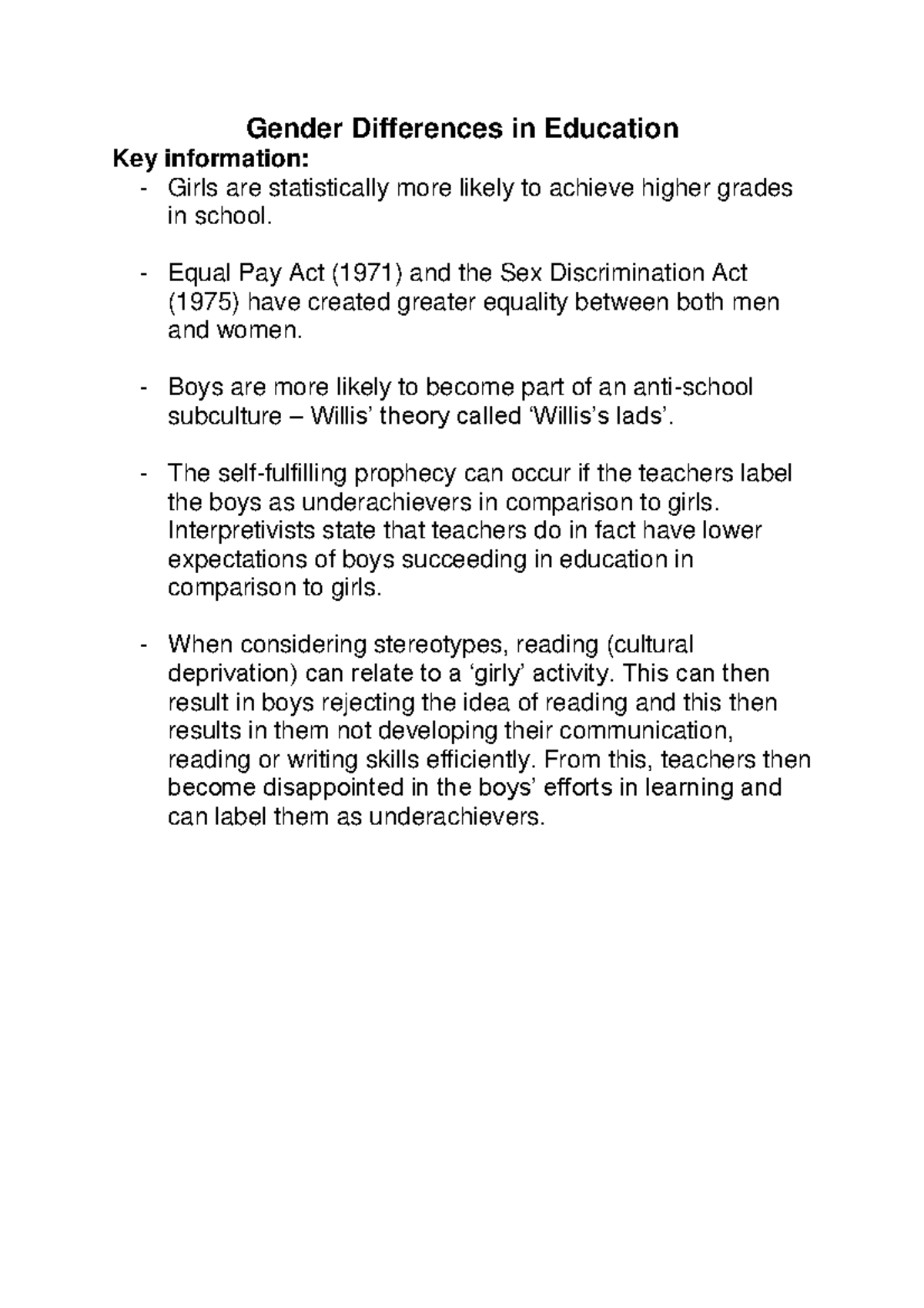 Gender Differences in Education - Equal Pay Act (1971) and the Sex ...