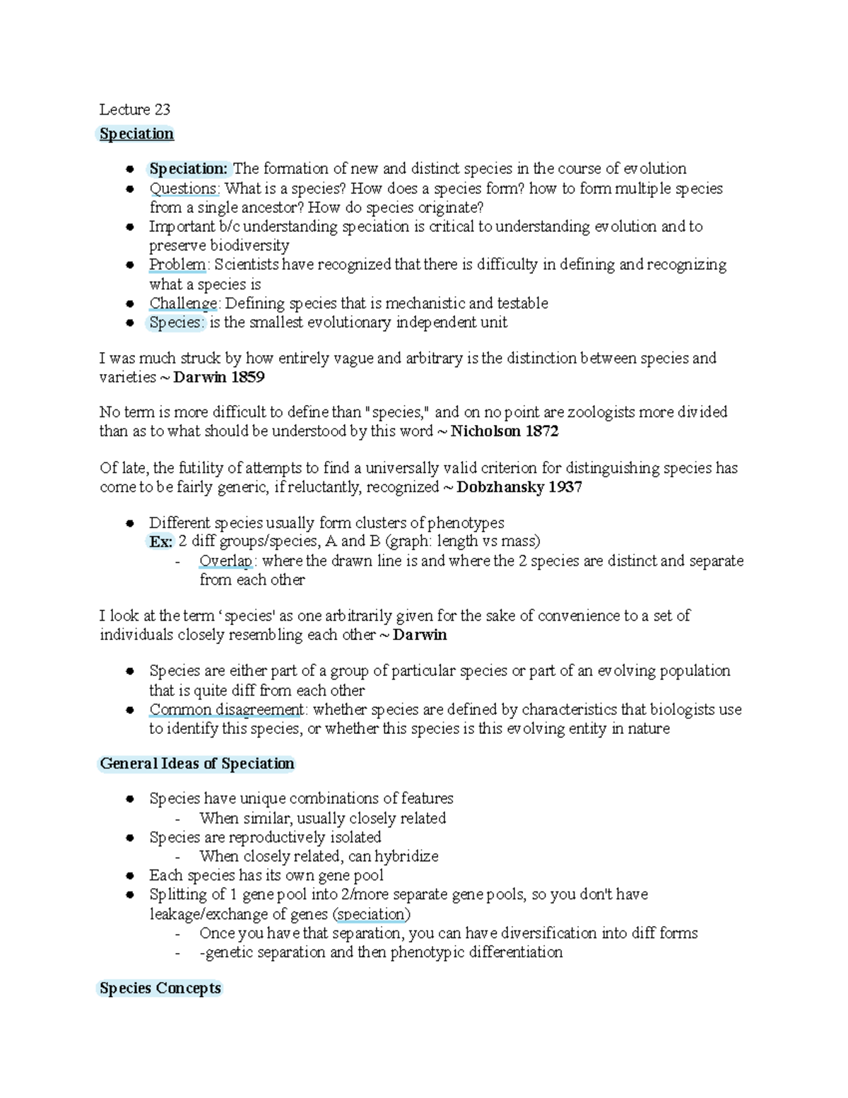 Evolution Exam 4 Notes - Lecture 23 The Formation Of New And Distinct ...