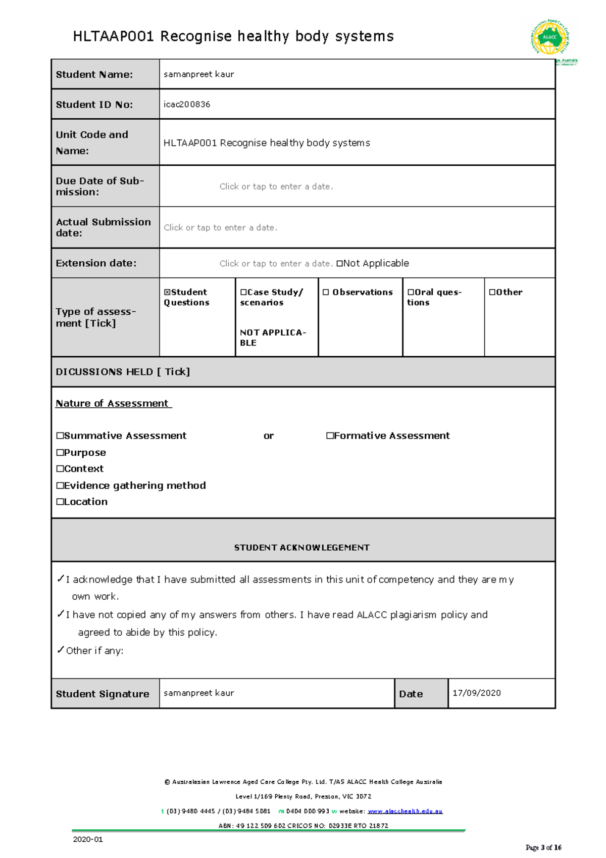 Hltaap 001 Recognise healthy body systems - Page 3 of 16 Student Name ...