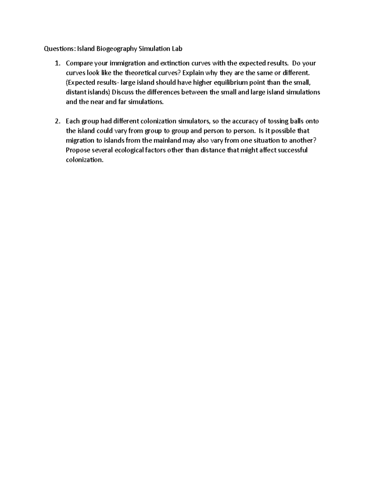 QuestionsIsland Biogeography Simulation Lab Do your curves look like