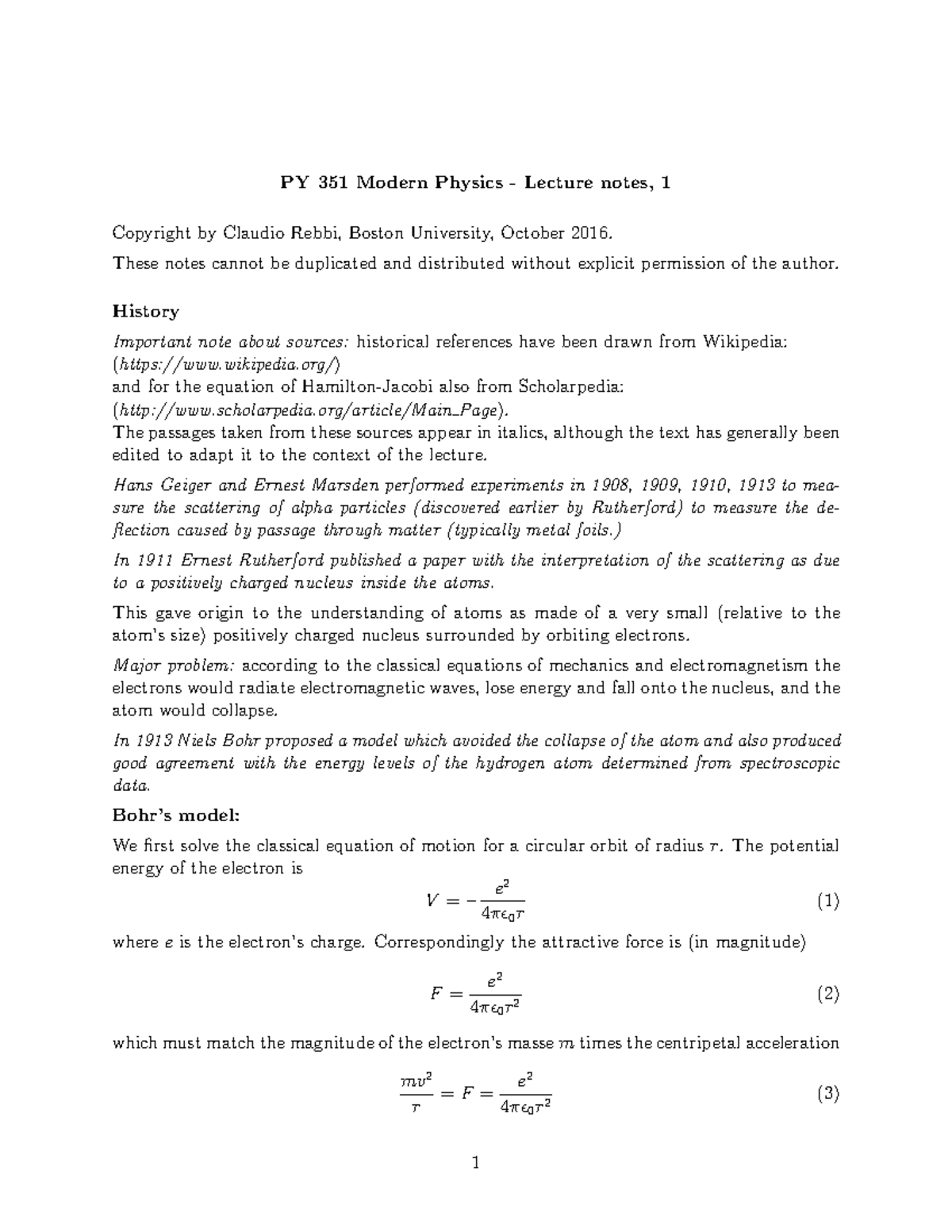 Lecture Notes, Lecture 1 - 2016/2017 - Modern Physics - PY 351 Modern ...