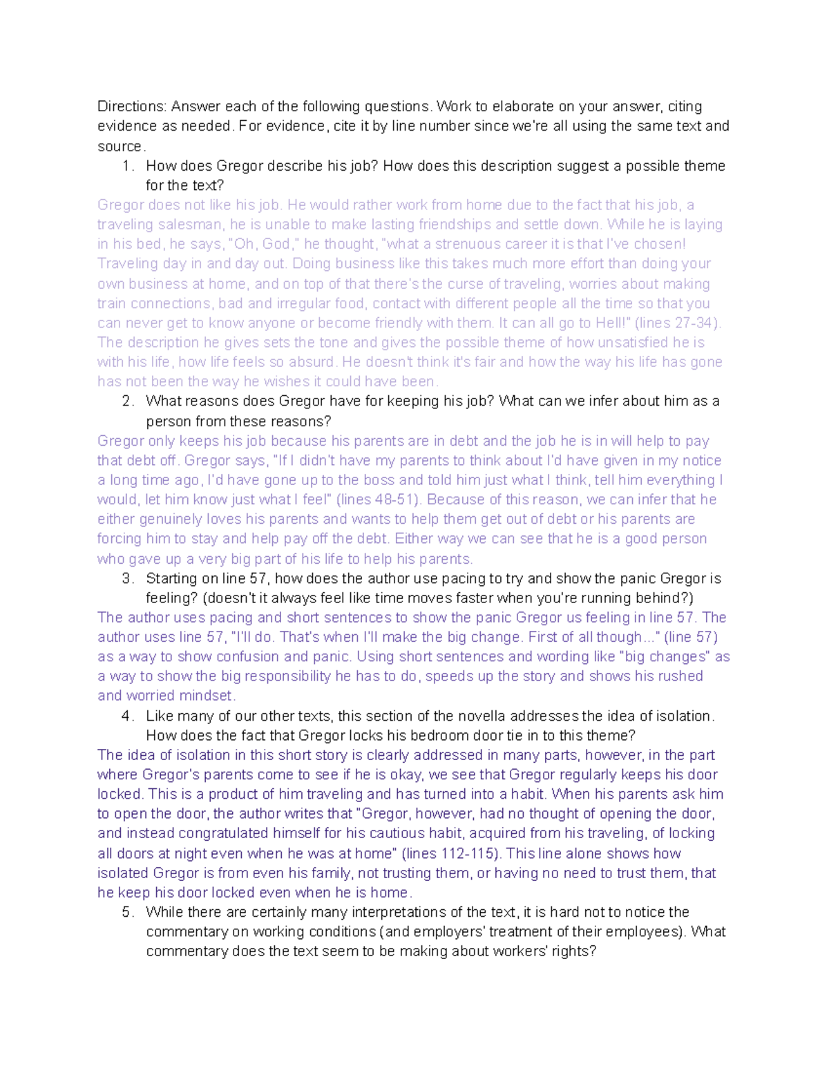 Analysis Questions for The Metamorphosis Directions Answer each of