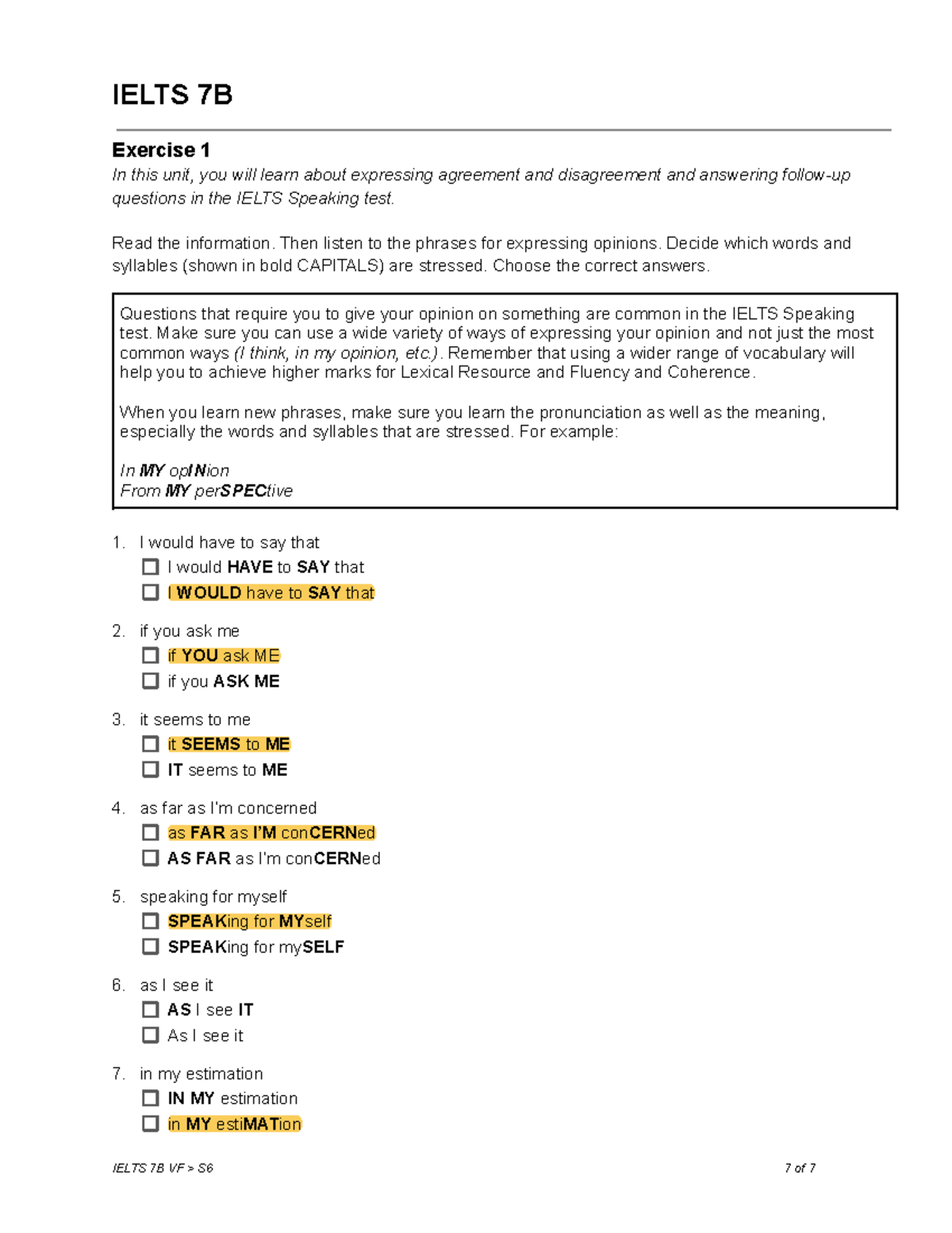 Ielts- Speaking - GL! - IELTS 7B Exercise 1 In this unit, you will ...