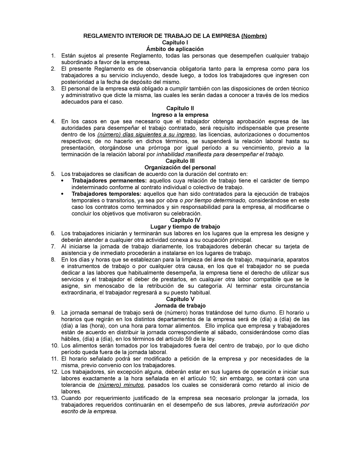 Modelo De Reglamento Interior De Trabajo Mexico Reglamento Interior De Trabajo De La Empresa 9279