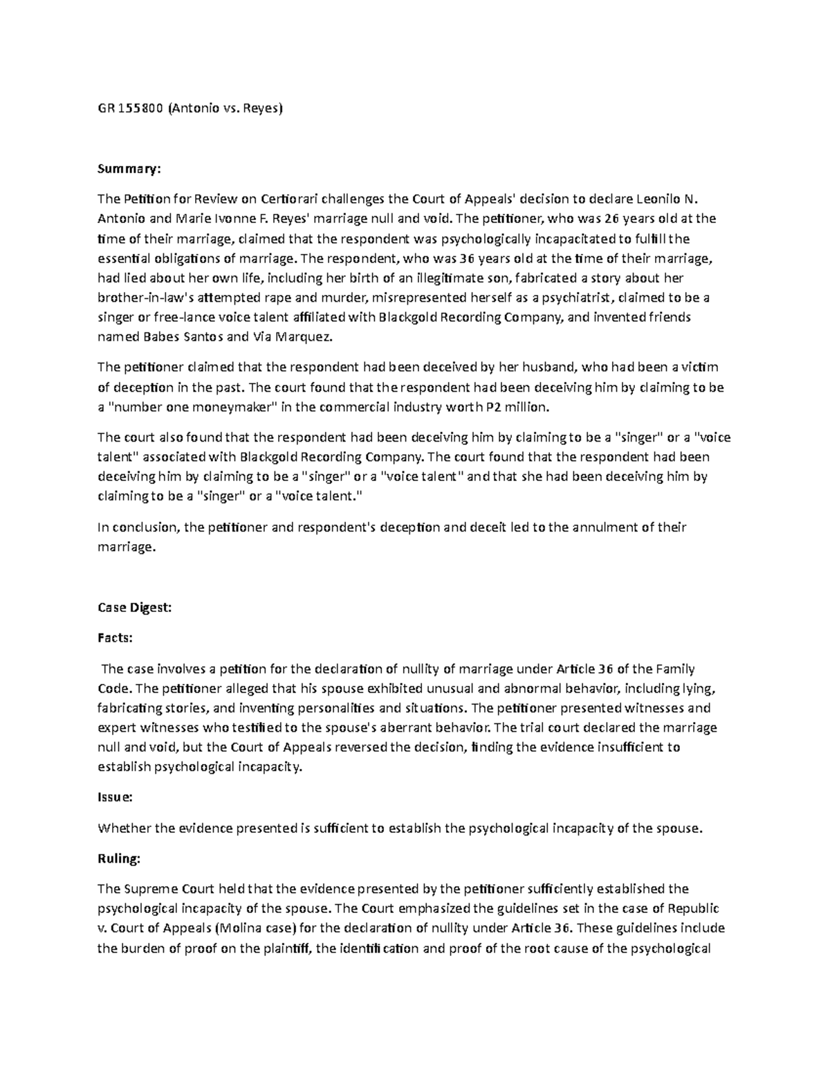 GR 155800, Case Digest (Antonio Vs. Reyes) GR 155800 (Antonio vs