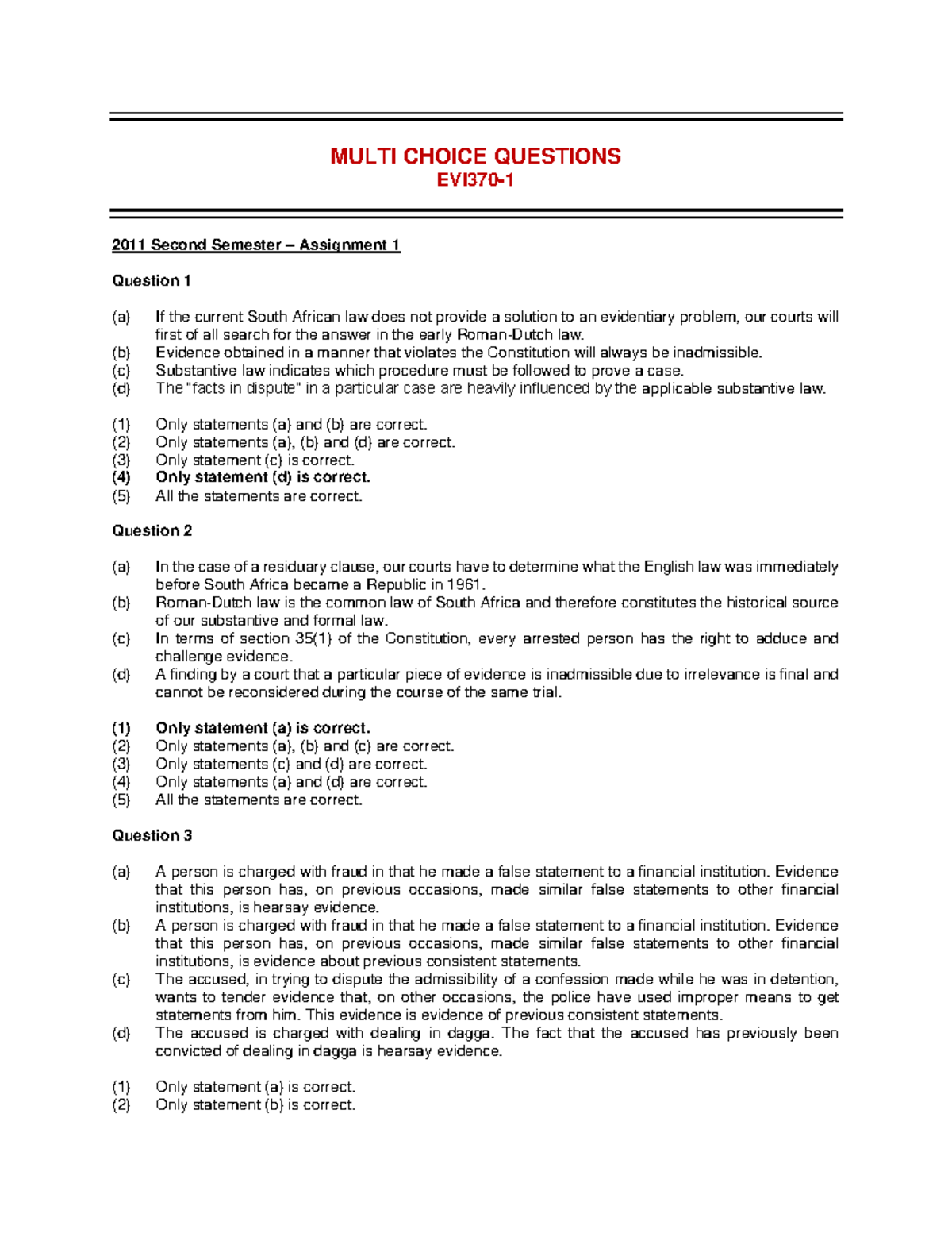 EVI 3701 Evidence MCQ pg28 2011 S2A1 2011 S1A1 May2010 2009 S2A2 2009 ...