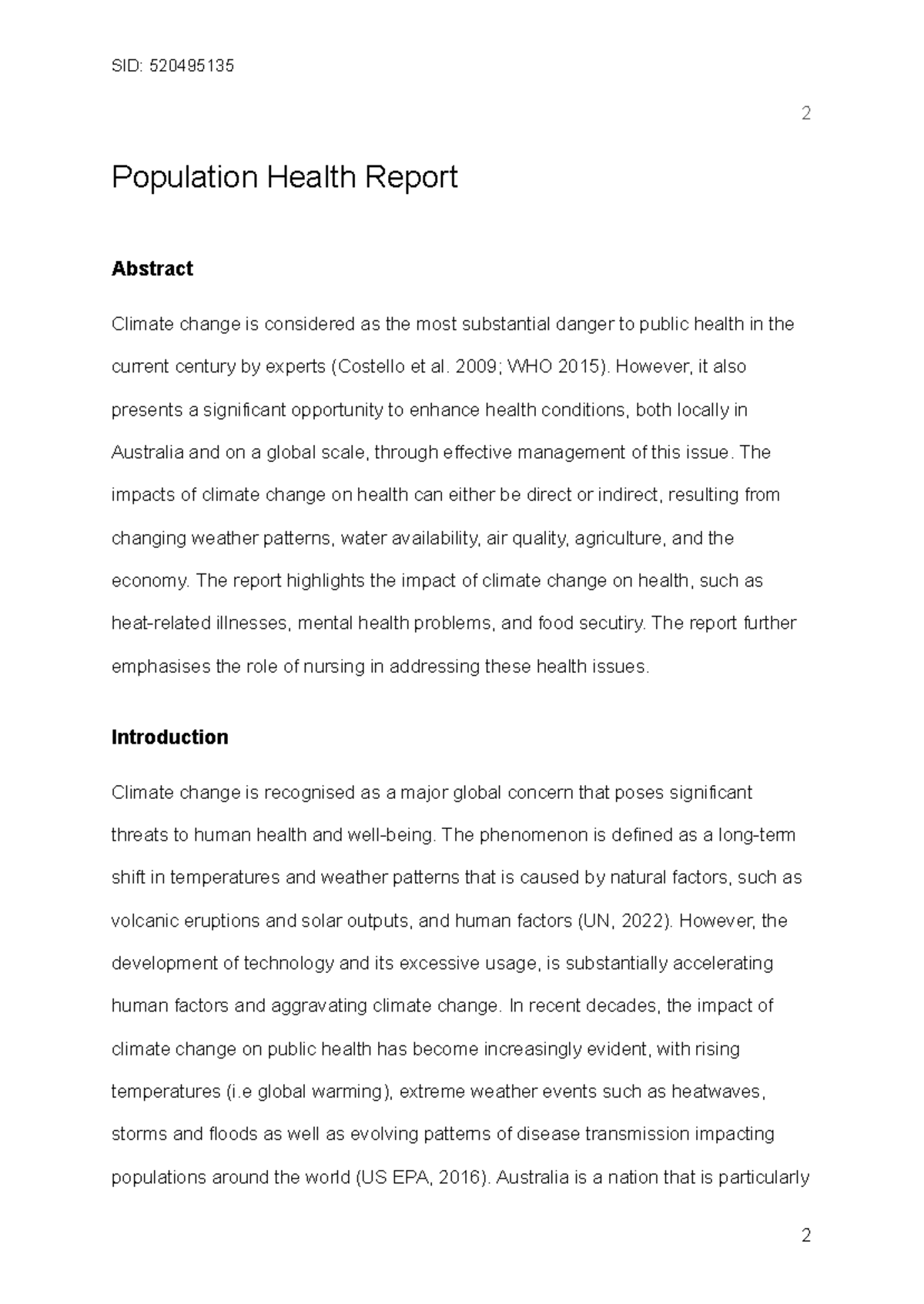 NURS1003 Population Health Report - 2 Population Health Report Abstract ...