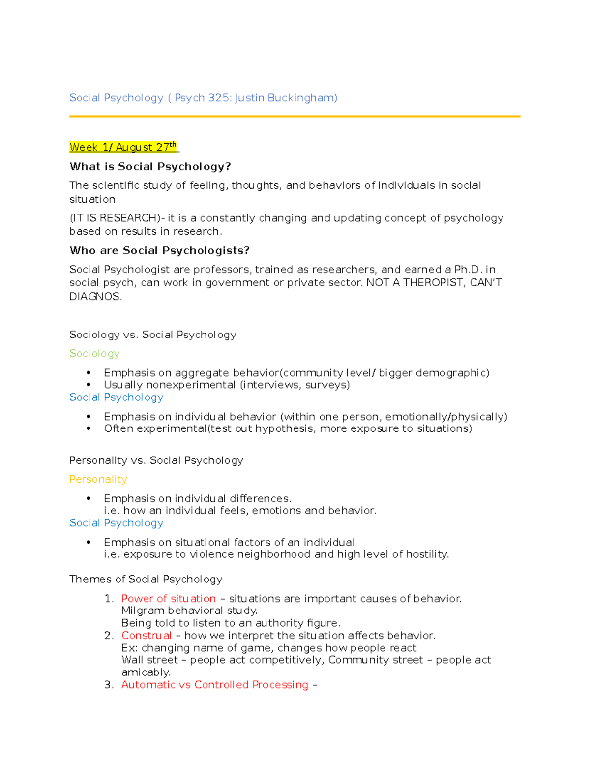 Social Psychology Week 1 notes - Social Psychology ( Psych 325: Justin ...
