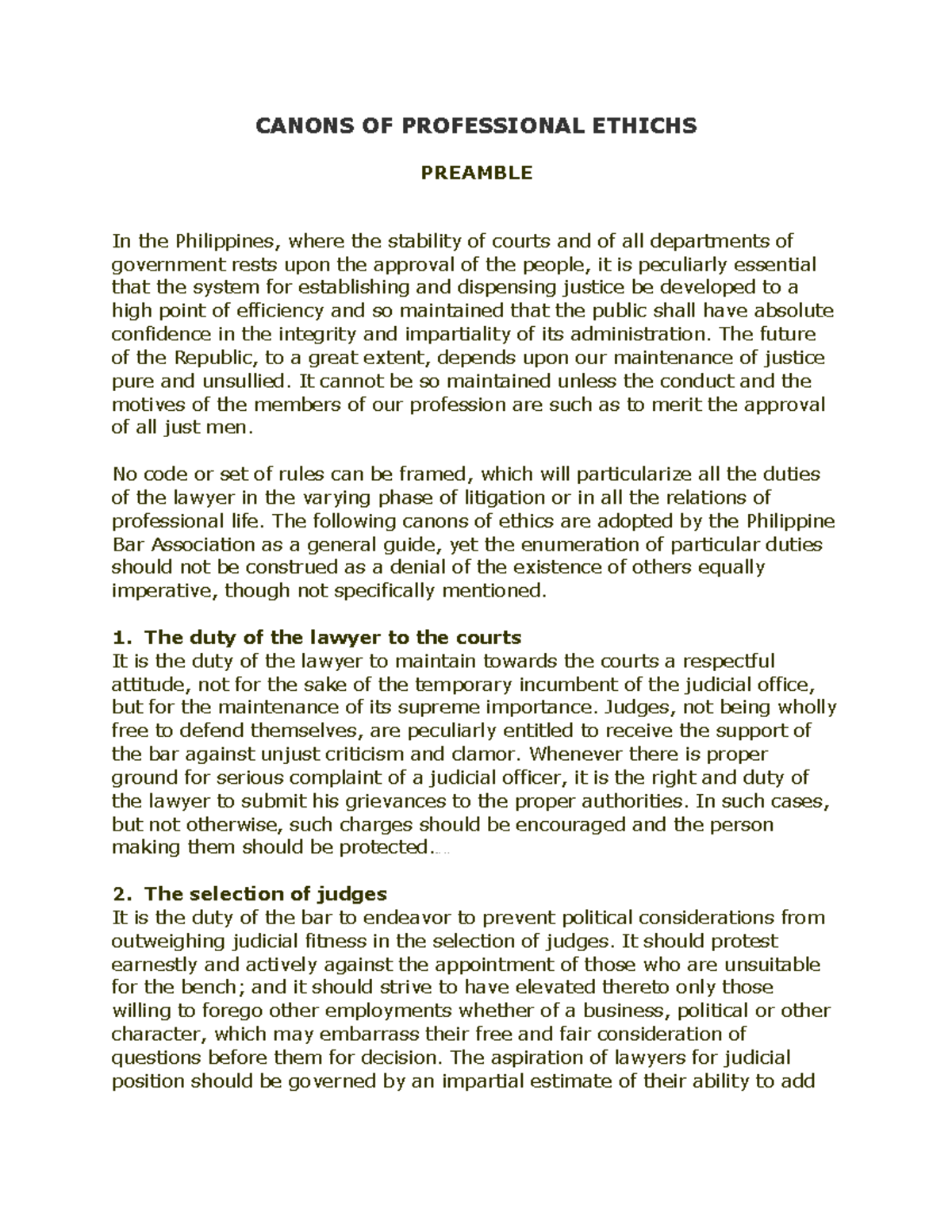 Canons OF Professional Ethics - CANONS OF PROFESSIONAL ETHICHS PREAMBLE ...