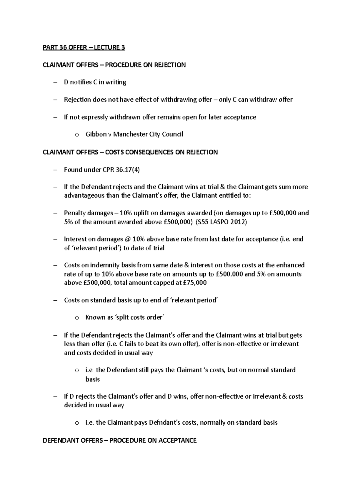 Part 36 Offer - Lecture 3 - LAW6CVL - LSBU - Studocu