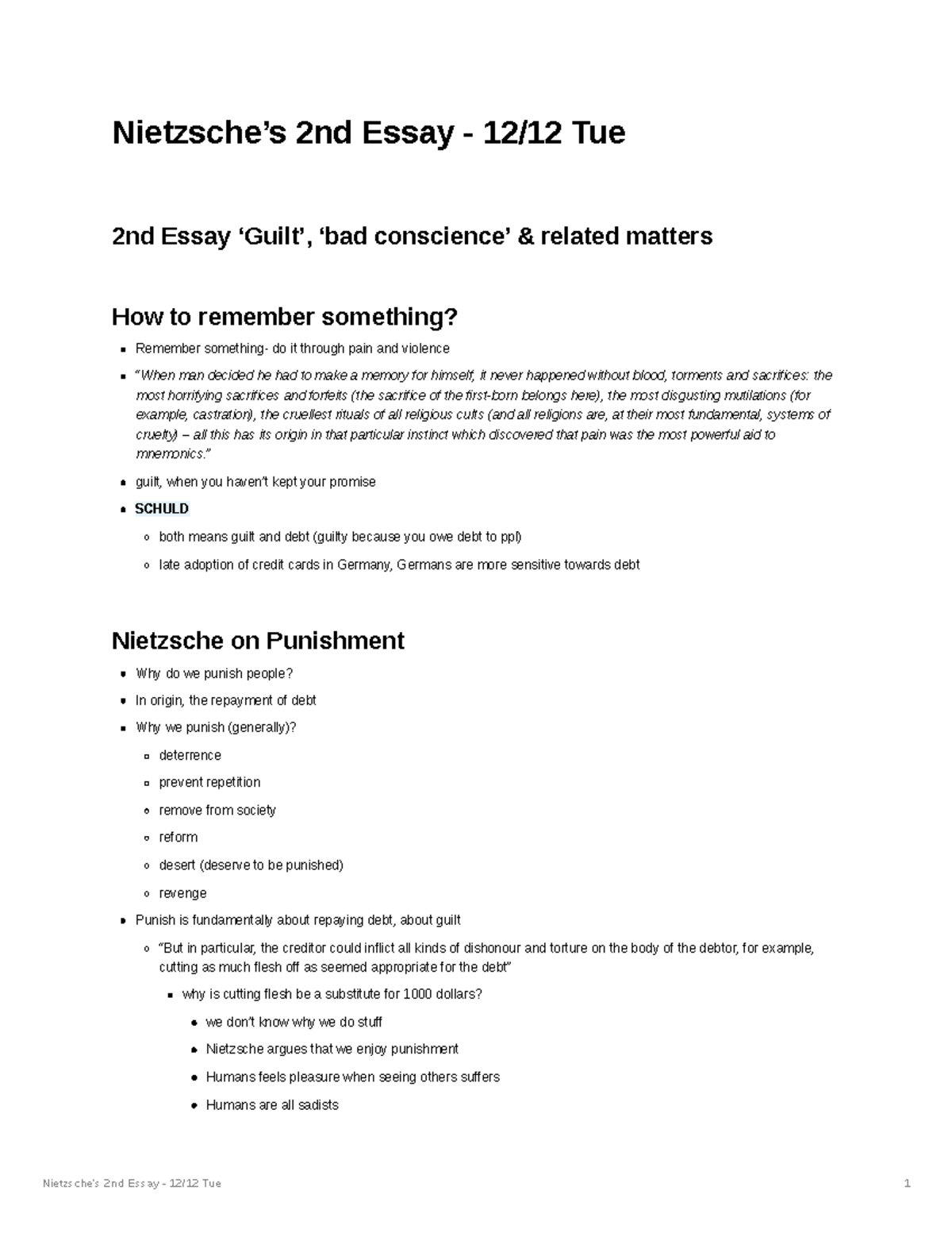 Nietzsche 2nd Essay Second to last lecture Nietzsche’s 2nd Essay