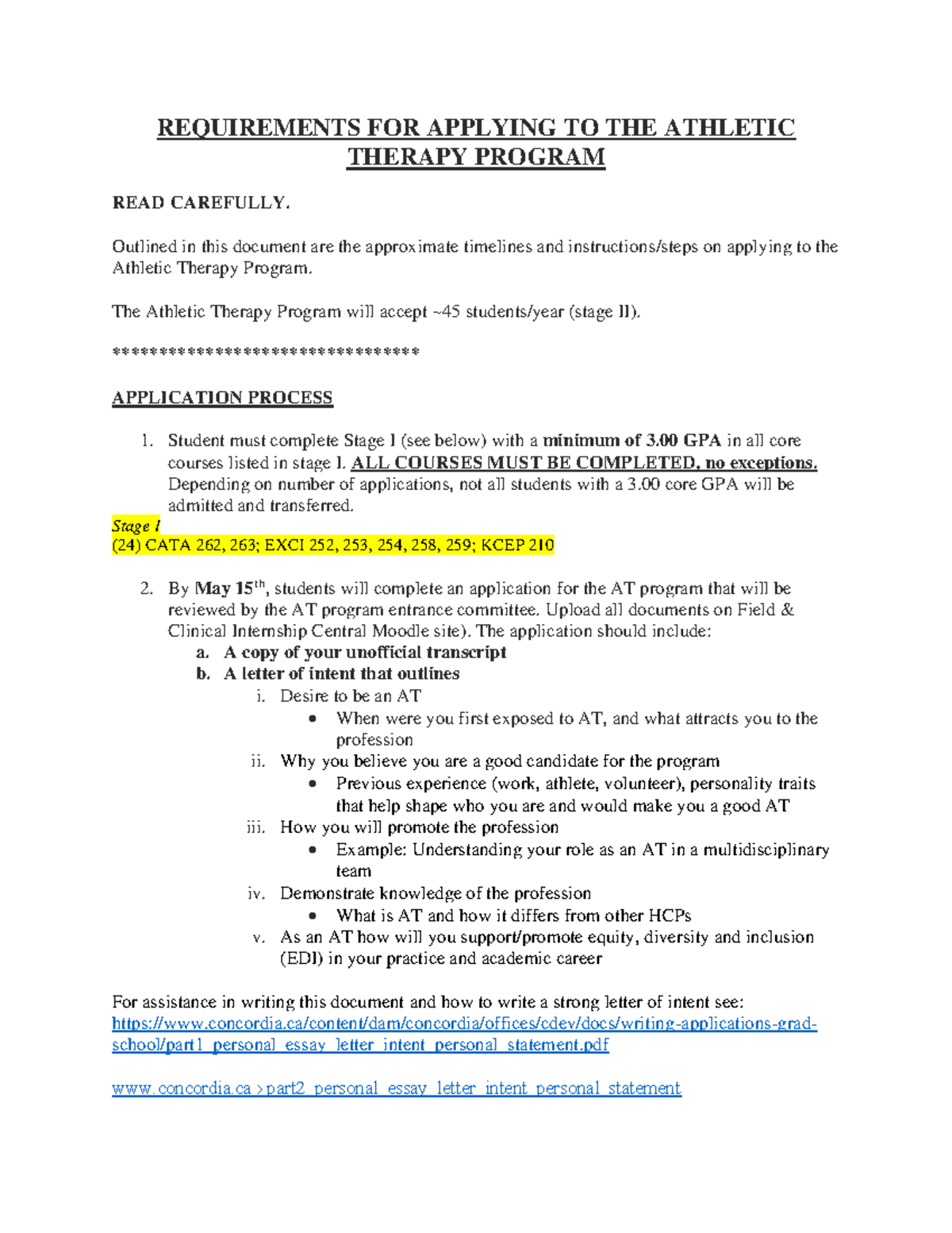 Requirements FOR Applying TO THE Athletic Therapy Program for 202223