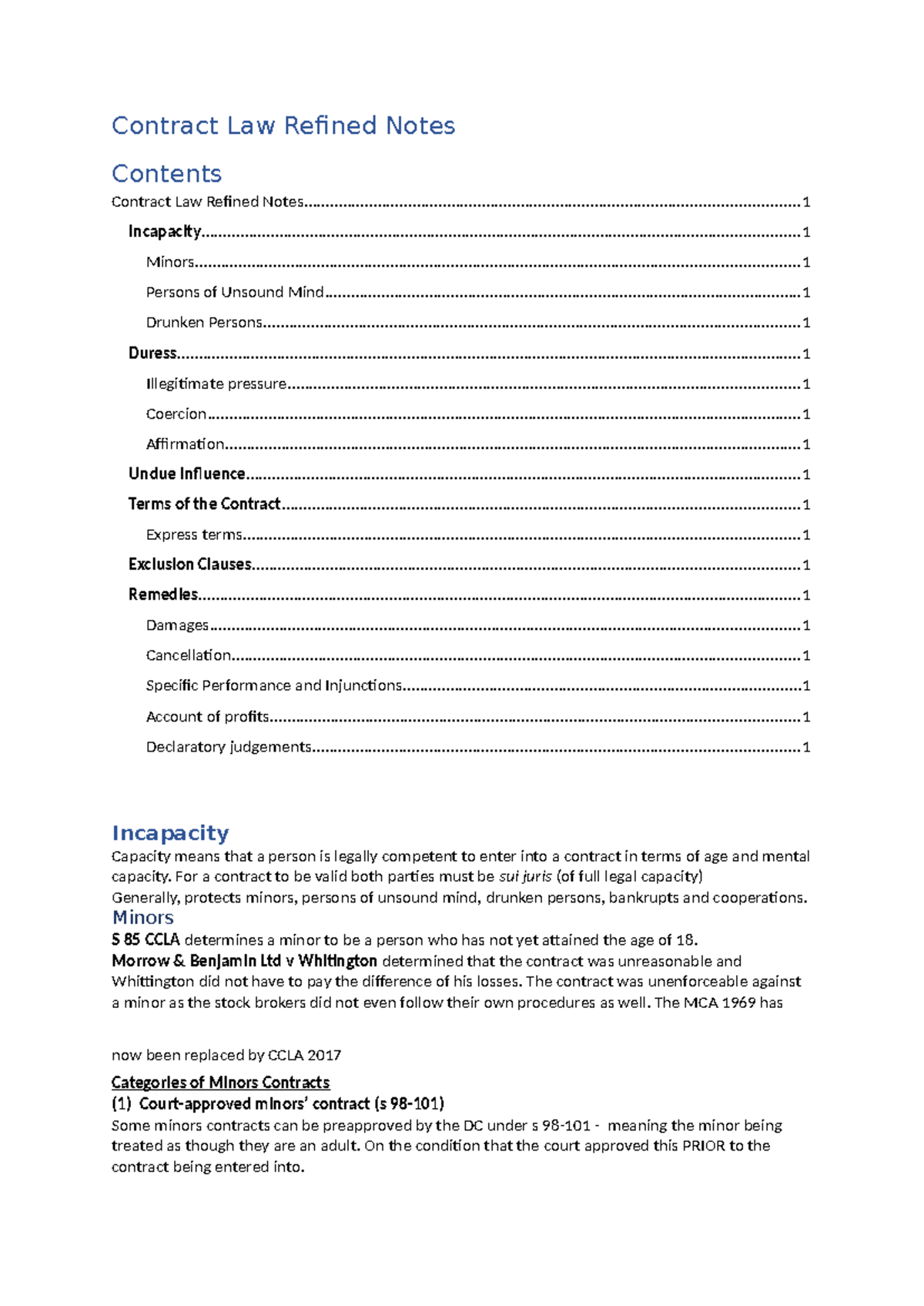 Contract Law Refined Notes - Contract Law Refined Notes Contents ...