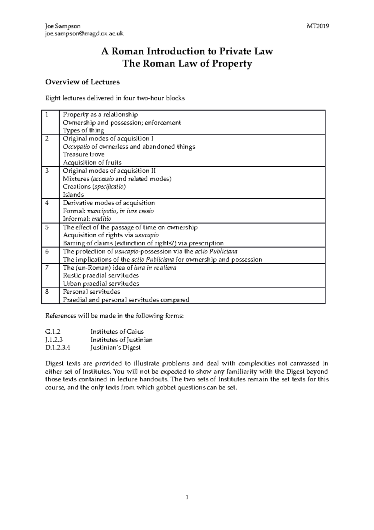 Mods RL - Property Handout Sampson MT19 - joe@magd.ox.ac A Roman ...