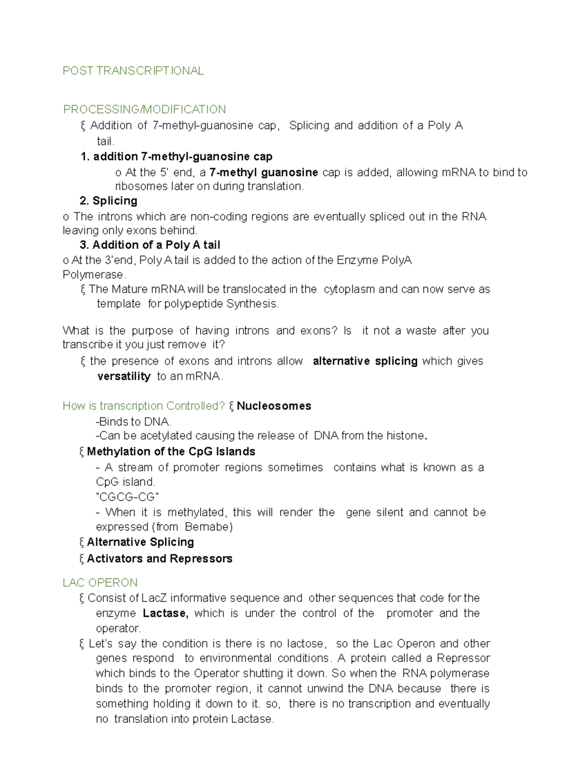 Gene Expression notes POST TRANSCRIPTIONAL PROCESSING/MODIFICATION