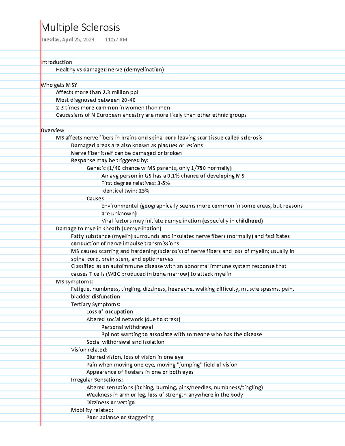 Exercise with Multiple Sclerosis Notes - Introduction Healthy vs ...