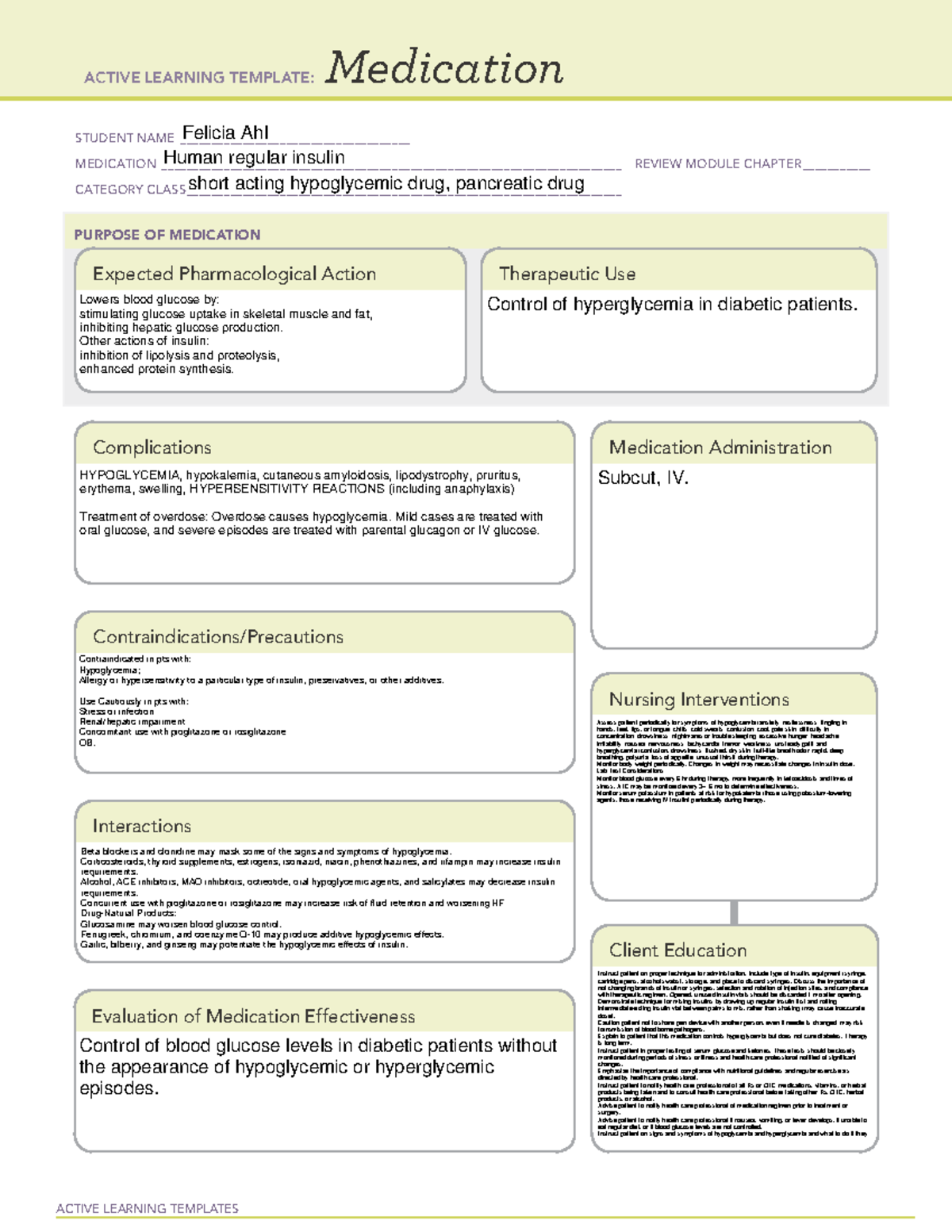 Human Regular Insulin Drug Cards ACTIVE LEARNING TEMPLATES 