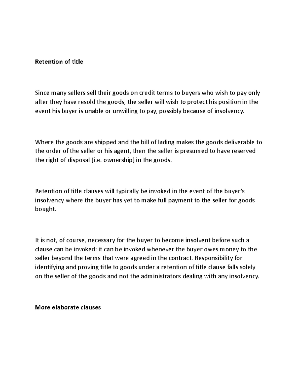 Retention of title Commercial Law Retention of title Since many