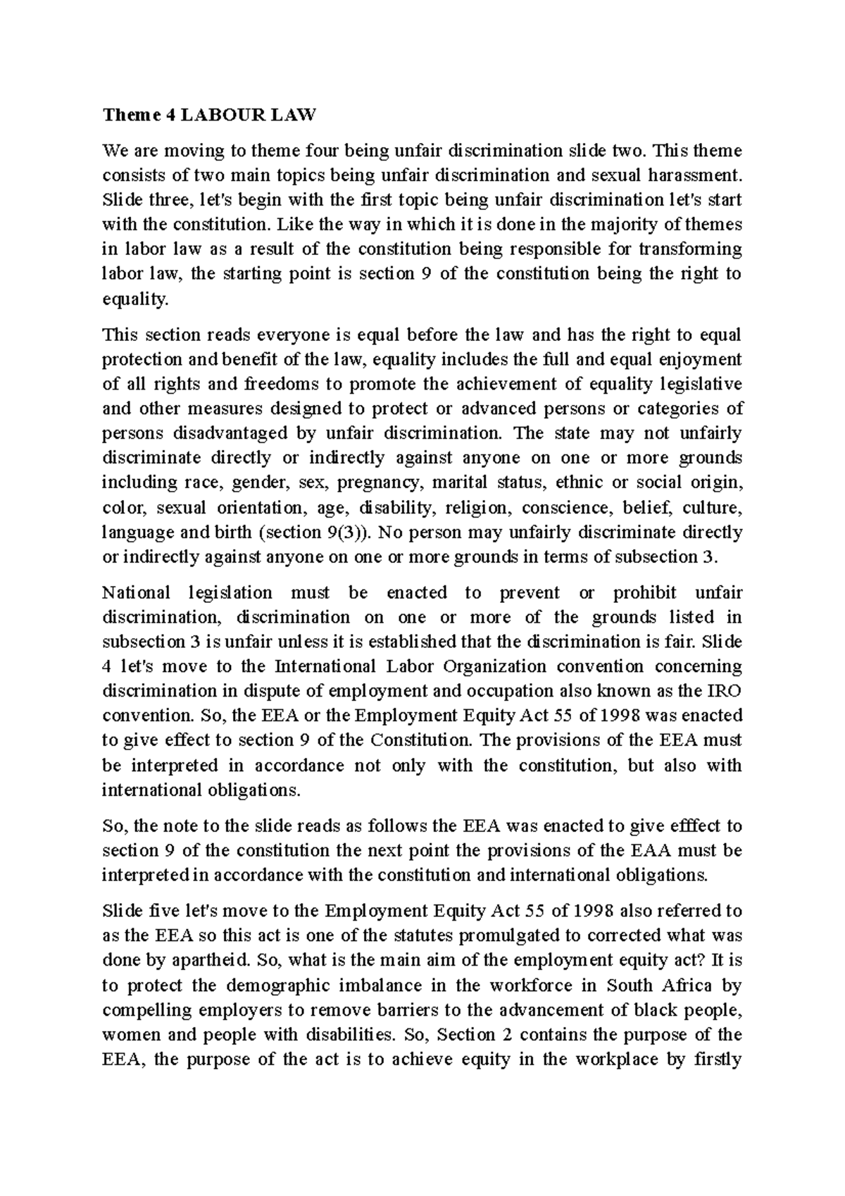 Theme 4 Labour Law Transcribed Lecture Notes Theme 4 Labour Law We