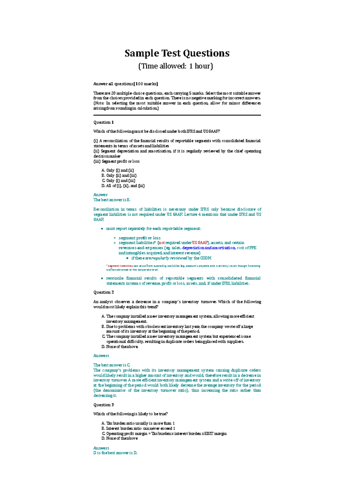 Sample Test Q and Ans - Sample Test Questions (Time allowed: 1 hour ...