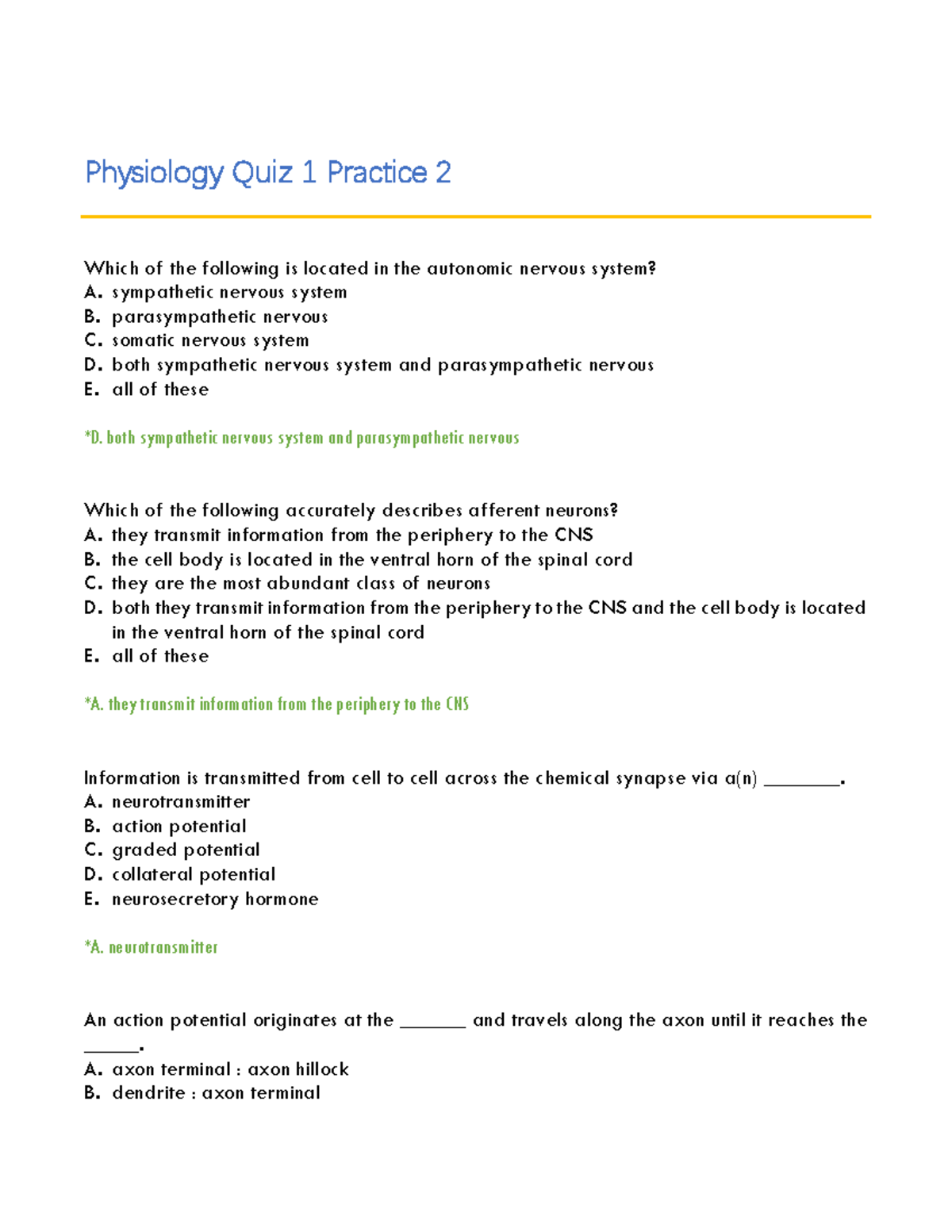 Physiology Quiz 1 Practice 2 - Physiology Quiz 1 Practice 2 Which Of ...