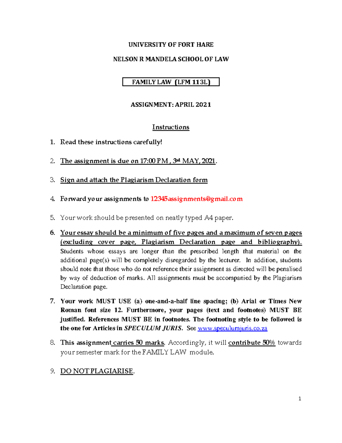 Family Law Assignment - UNIVERSITY OF FORT HARE NELSON R MANDELA SCHOOL ...