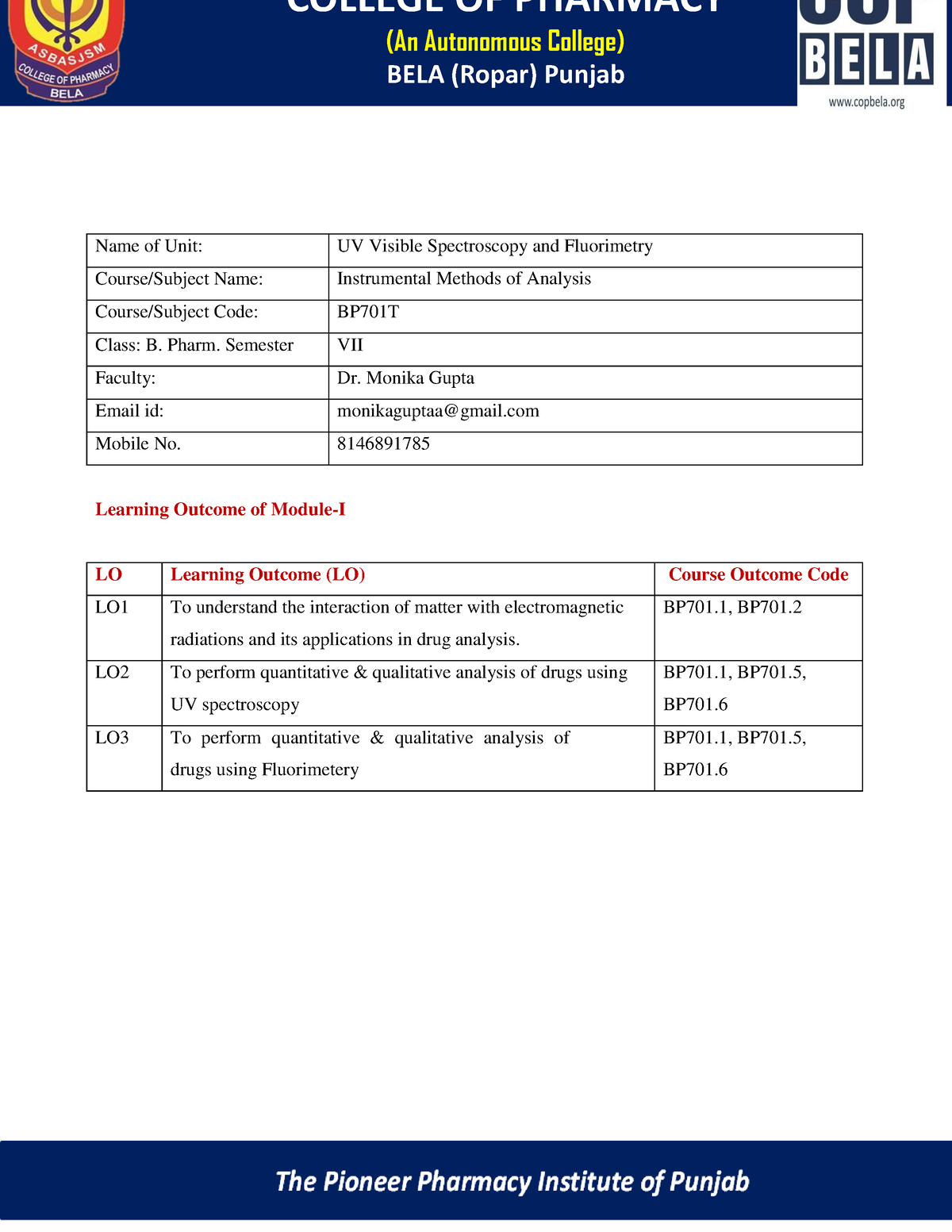 Analysis Unit 1 - ASBASJSM COLLEGE OF PHARMACY (AN AUTONOMOUS COLLEGE ...