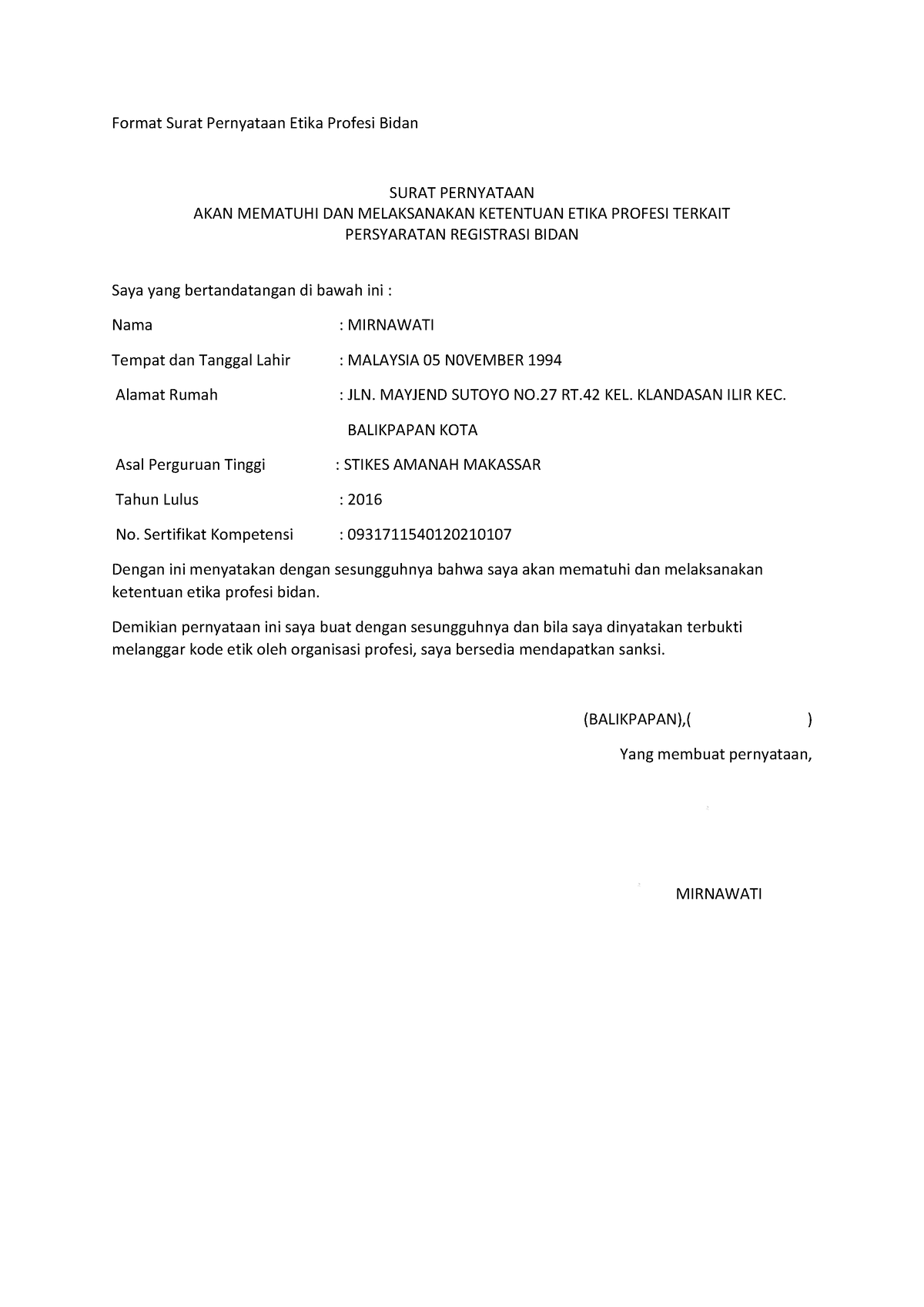 Format Surat Pernyataan Etika Profesi Bidan - Mayjend Sutoyo No Rt Kel 