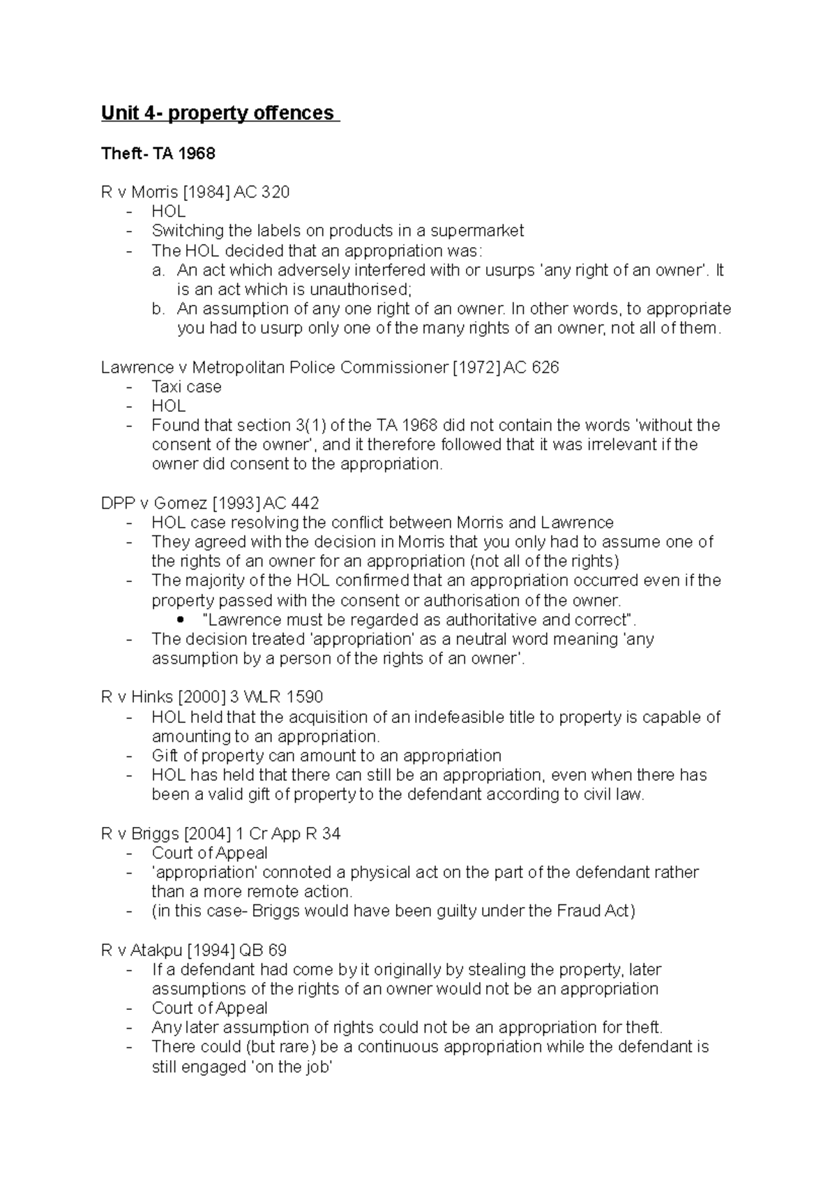 Unit 4 Propety Offences - Unit 4- Property Offences Theft- TA 1968 R V ...