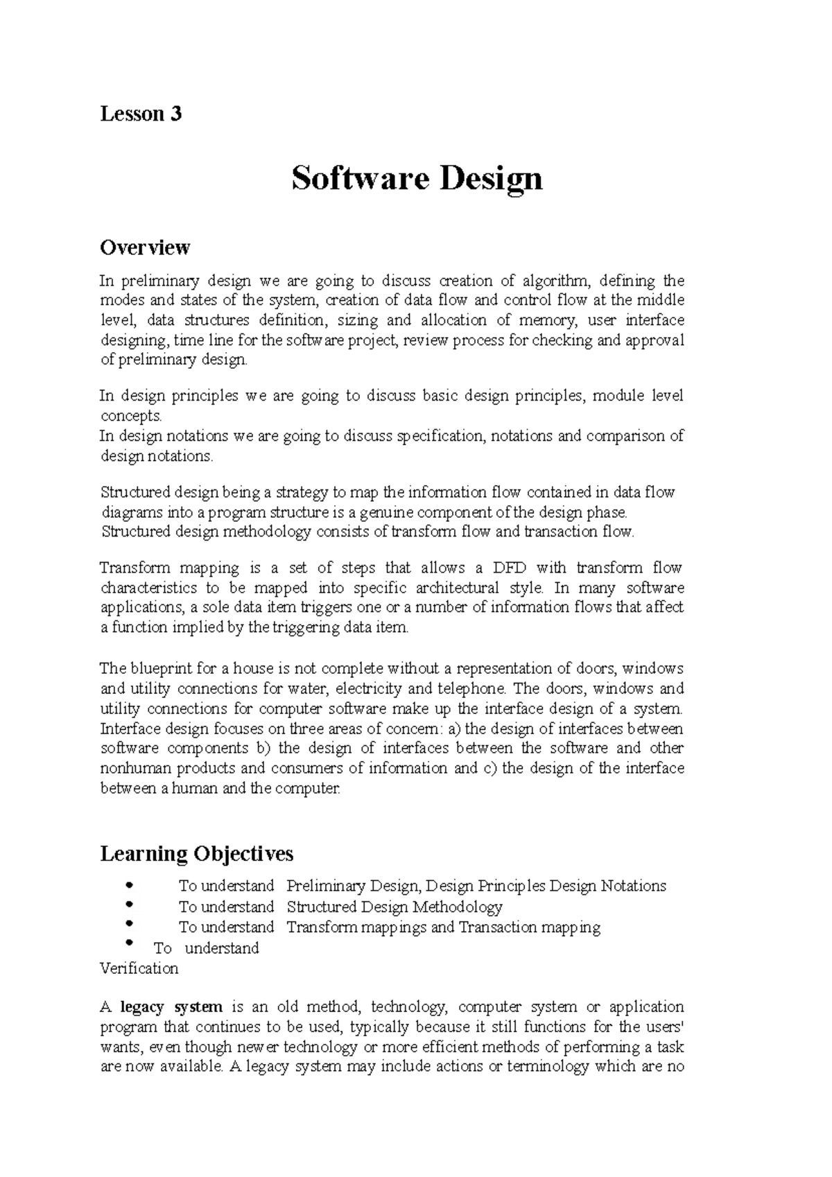 Software 5 - notes - Lesson 3 Software Design Overview In preliminary ...