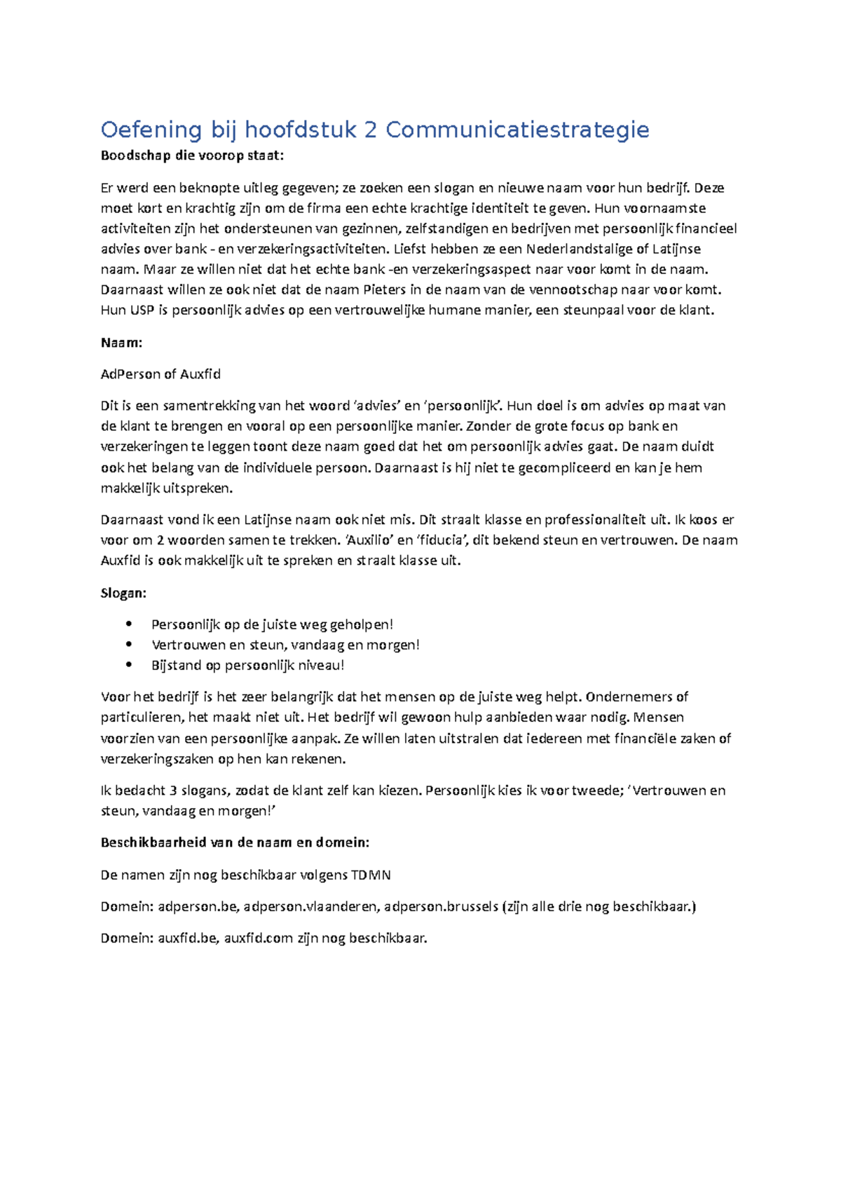 Oefening Bij Hoofdstuk 2 Communicatiestrategie - Oefening Bij Hoofdstuk ...