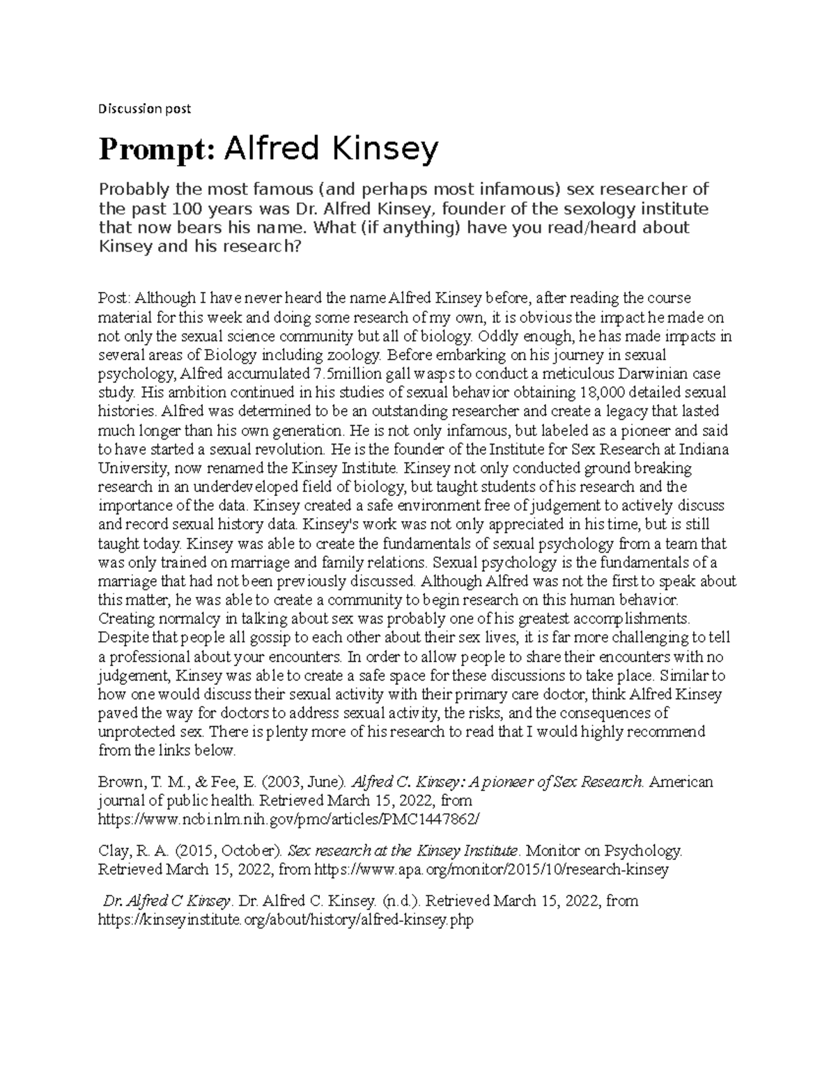 Alfred Kinsey discussion stu Discussion post Prompt Alfred Kinsey