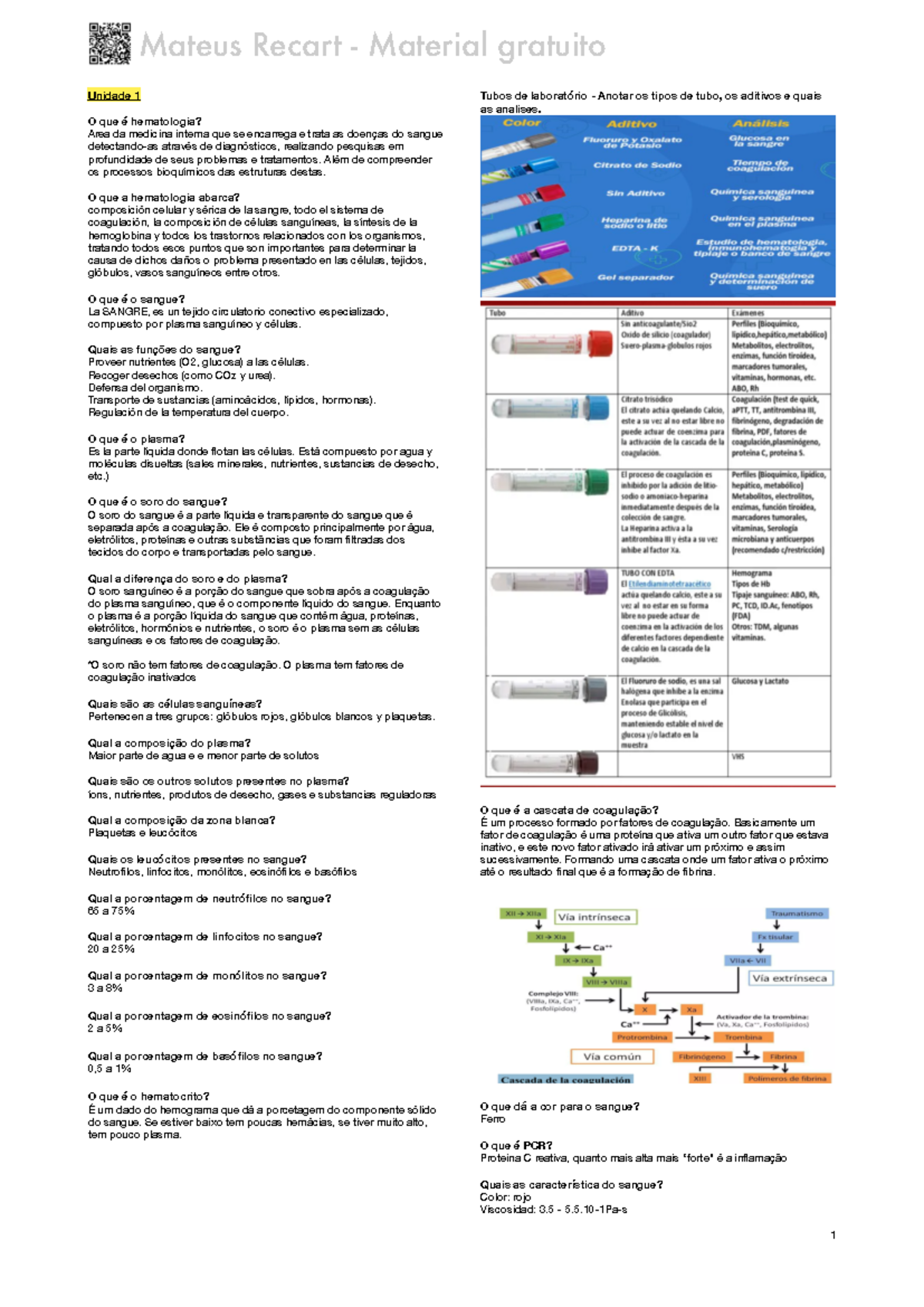 1. Anotações - Hematologia - Mateus Recart - Material gratuito Unidade ...