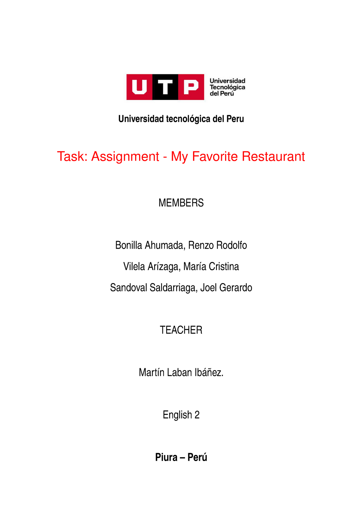 task assignment my favorite restaurant texto