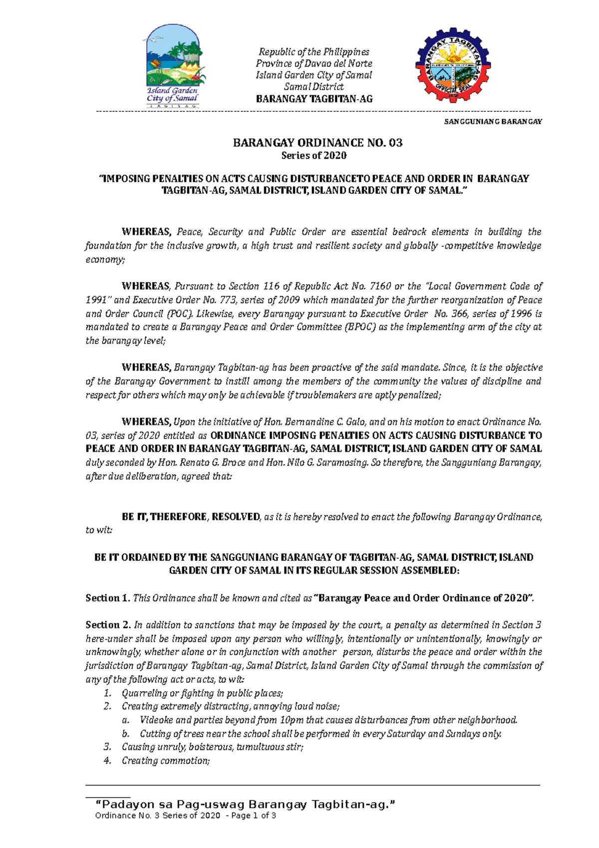 3 Peace AND Order Ordinance Padayon Sa Pag uswag Barangay Tagbitan