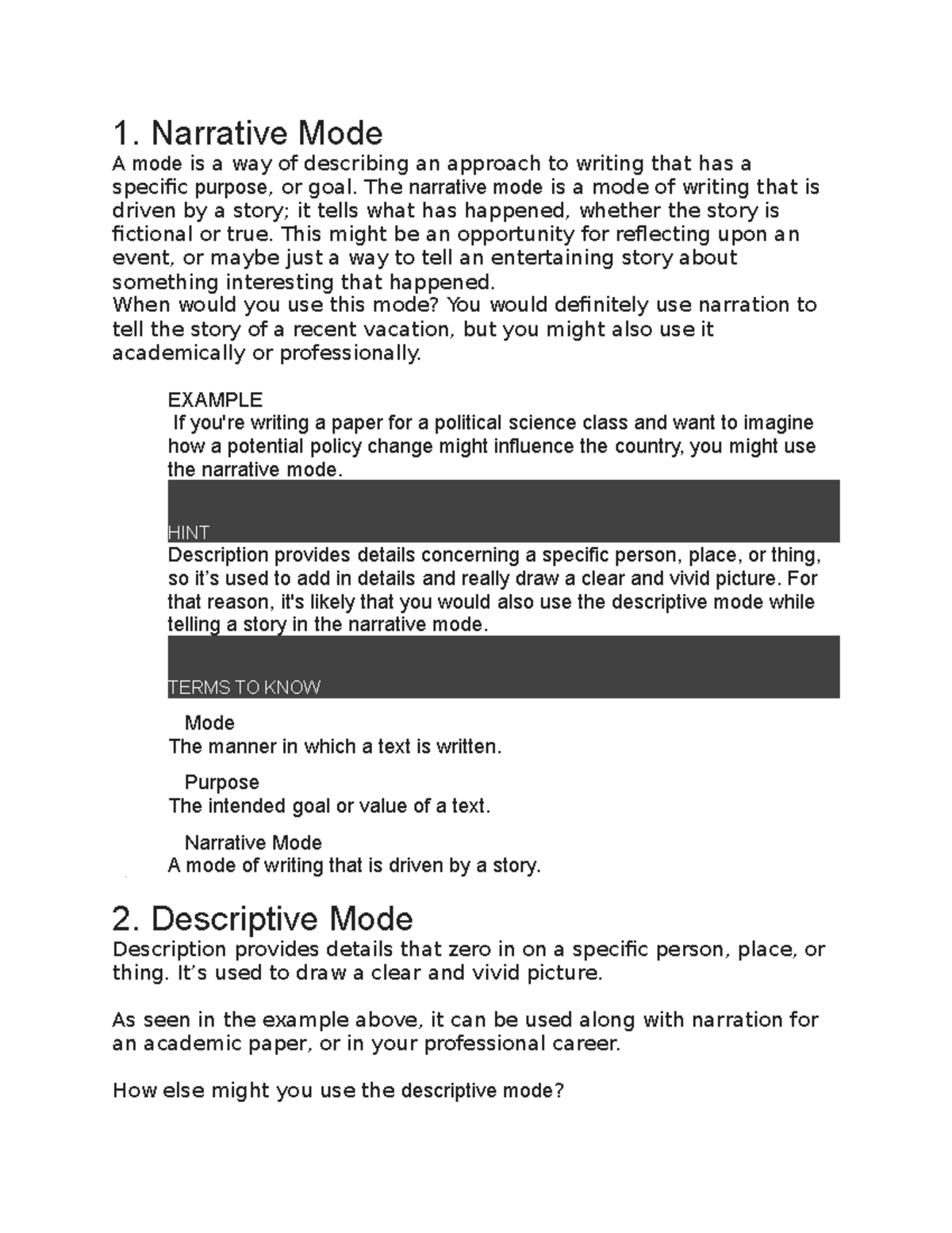 English Composition summary 3 - 1. Narrative Mode A mode is a way of ...