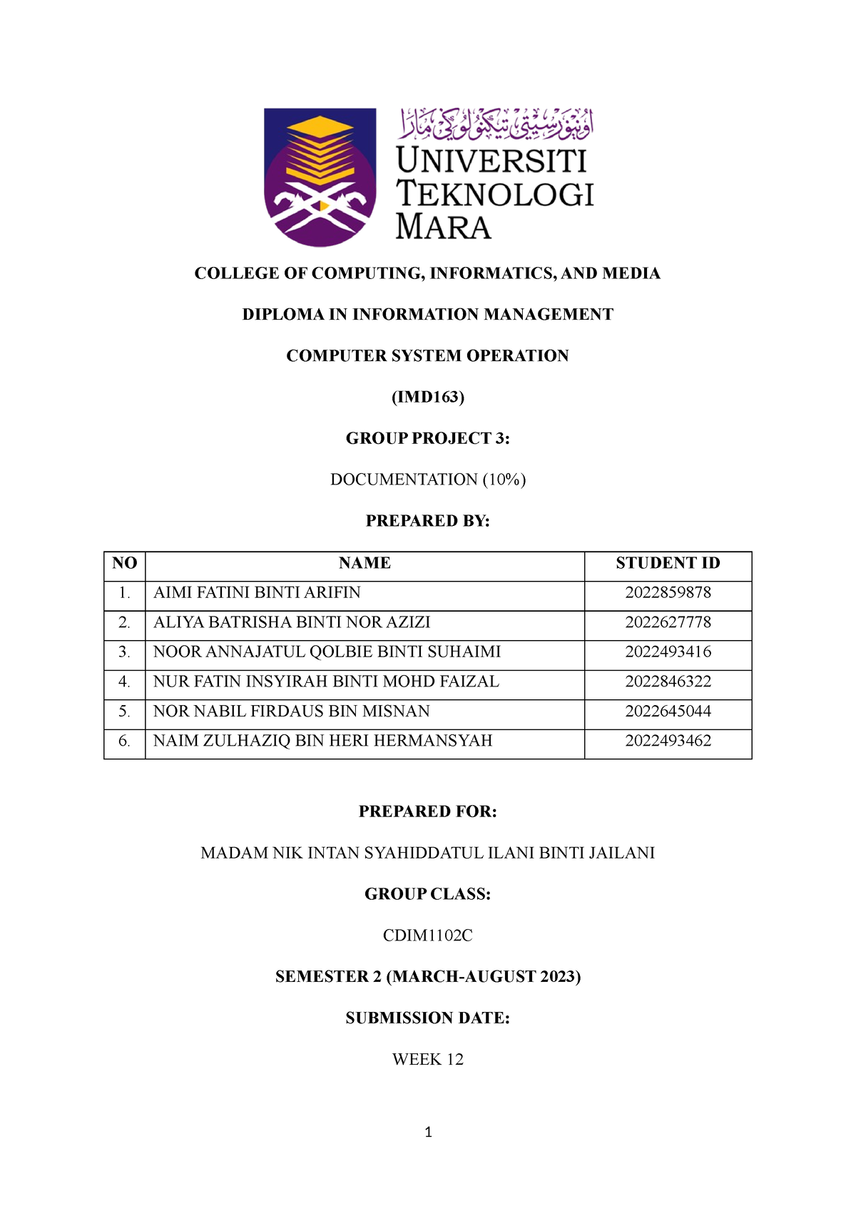 IMD163 - Documentation Report - COLLEGE OF COMPUTING, INFORMATICS, AND ...