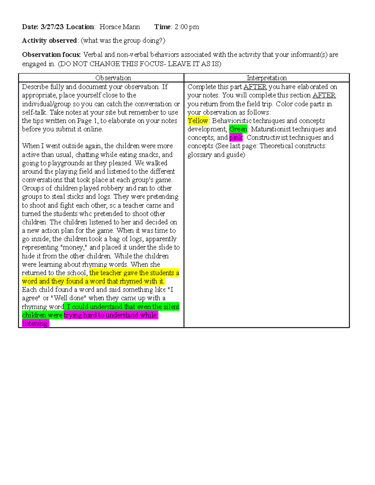 Observation Protocol 4 - Date: 3/27/23 Location: Horace Mann Time: 2:00 ...
