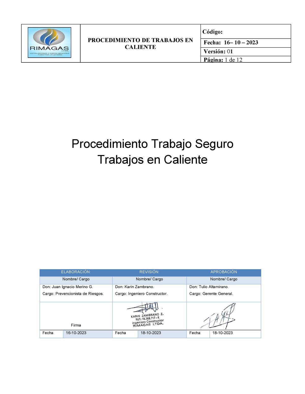 9.31 Procedimiento DE Trabajo Seguro, Trabajo En Caliente ...