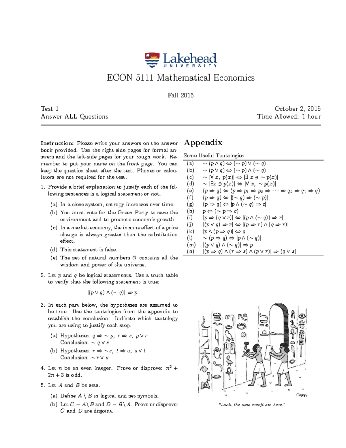 Exam 2015, questions - ECON Mathematical Economics Fall 2015 Test 1 ...