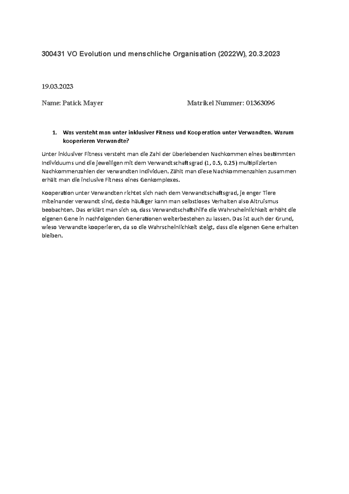 Prüfung Organisation 20 03 2023 - 300431 VO Evolution und menschliche ...