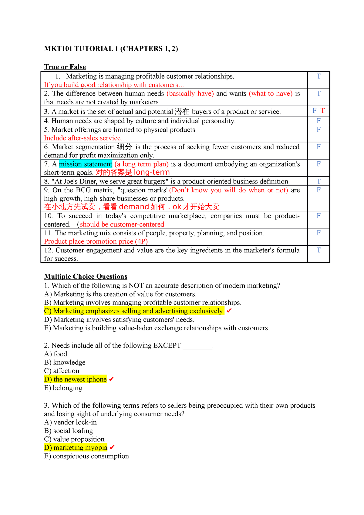 MKT101 Tutorial 1 Aug 2022 - MKT101 TUTORIAL 1 (CHAPTERS 1, 2) True Or ...