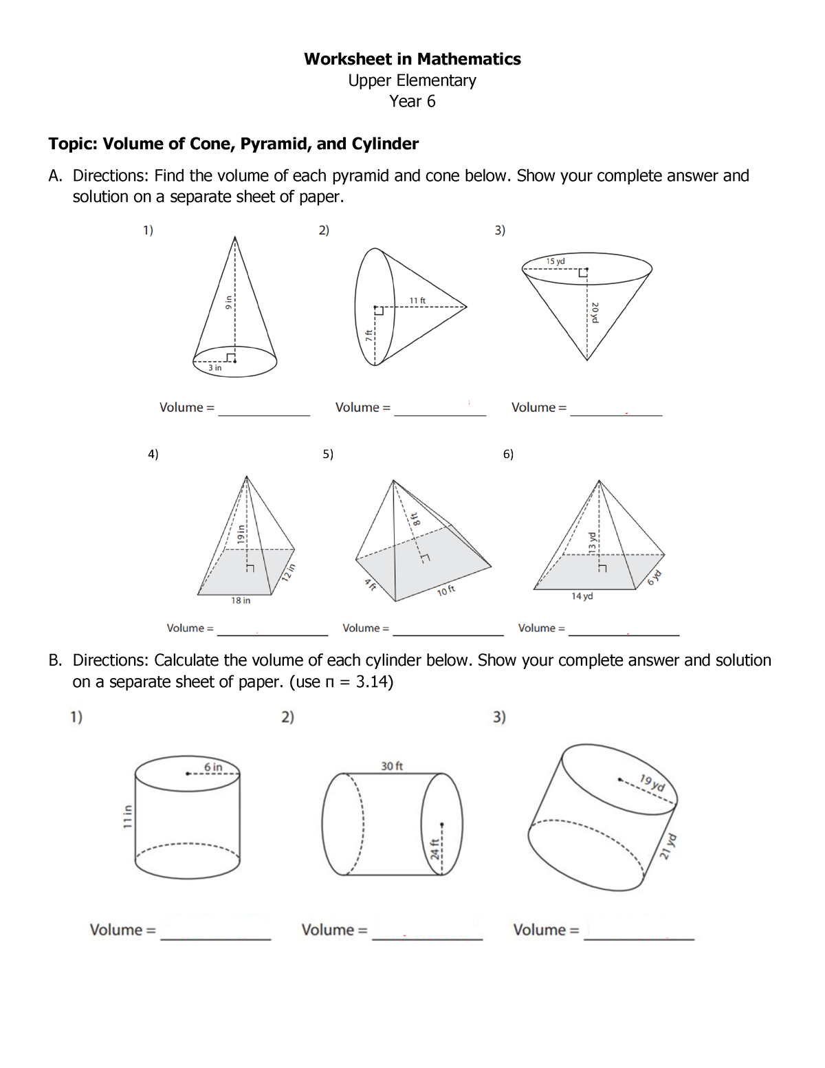 642. Volume of Cylinder, Cone, And Pyramid - Worksheet in Mathematics ...