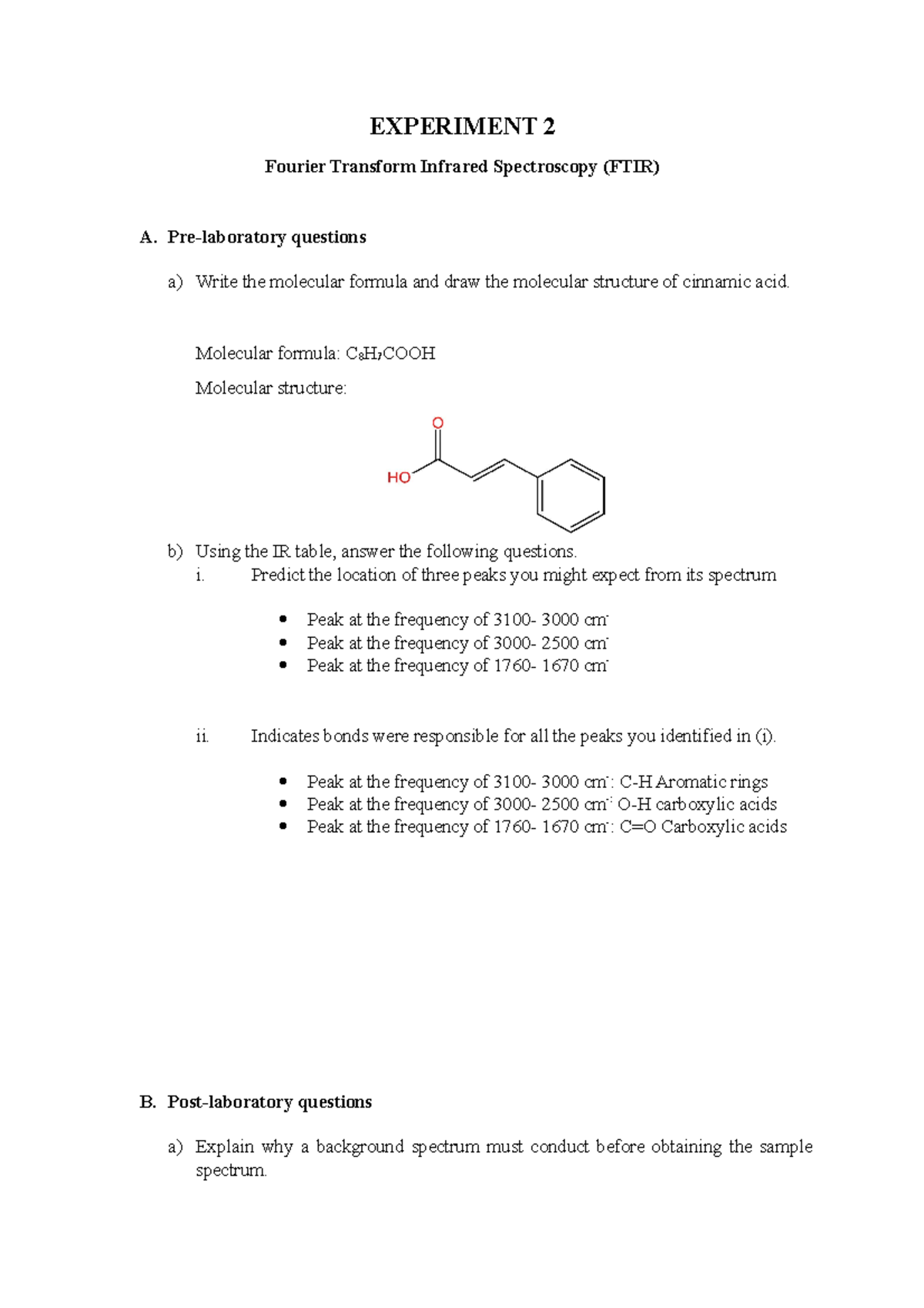 FTIR SWR FTIR lab report EXPERIMENT 2 Fourier Transform Infrared