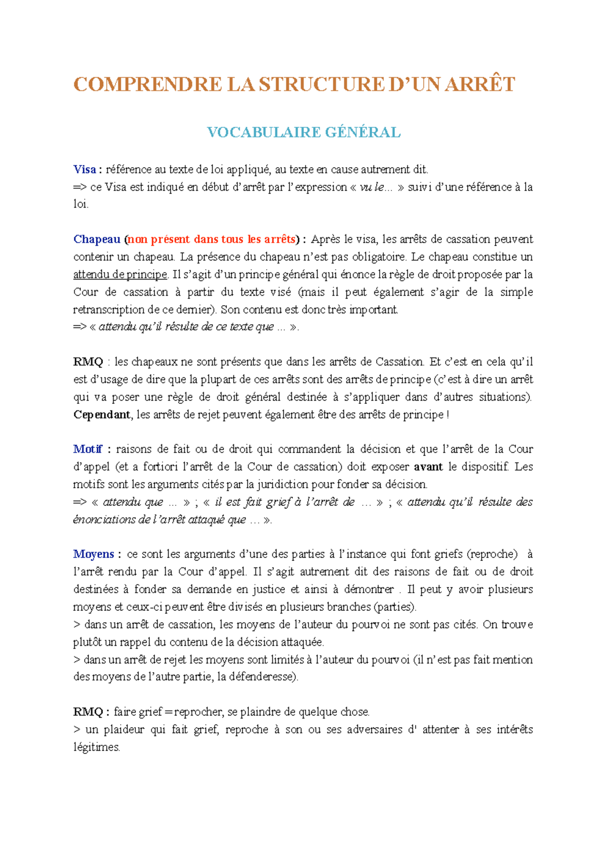 Comprendre UN Arrêt DE LA cour de cassation COMPRENDRE LA STRUCTURE DUN ARRÊT VOCABULAIRE