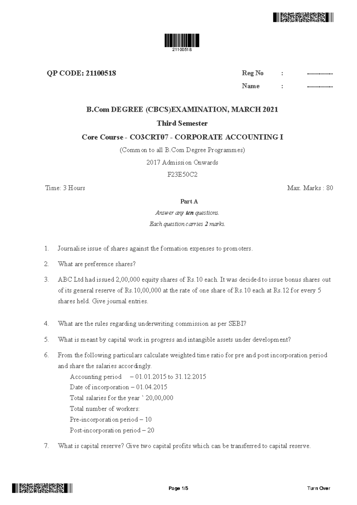 Corporate Accounting-1 March 2021 - QP CODE: 21100518 Reg No ...